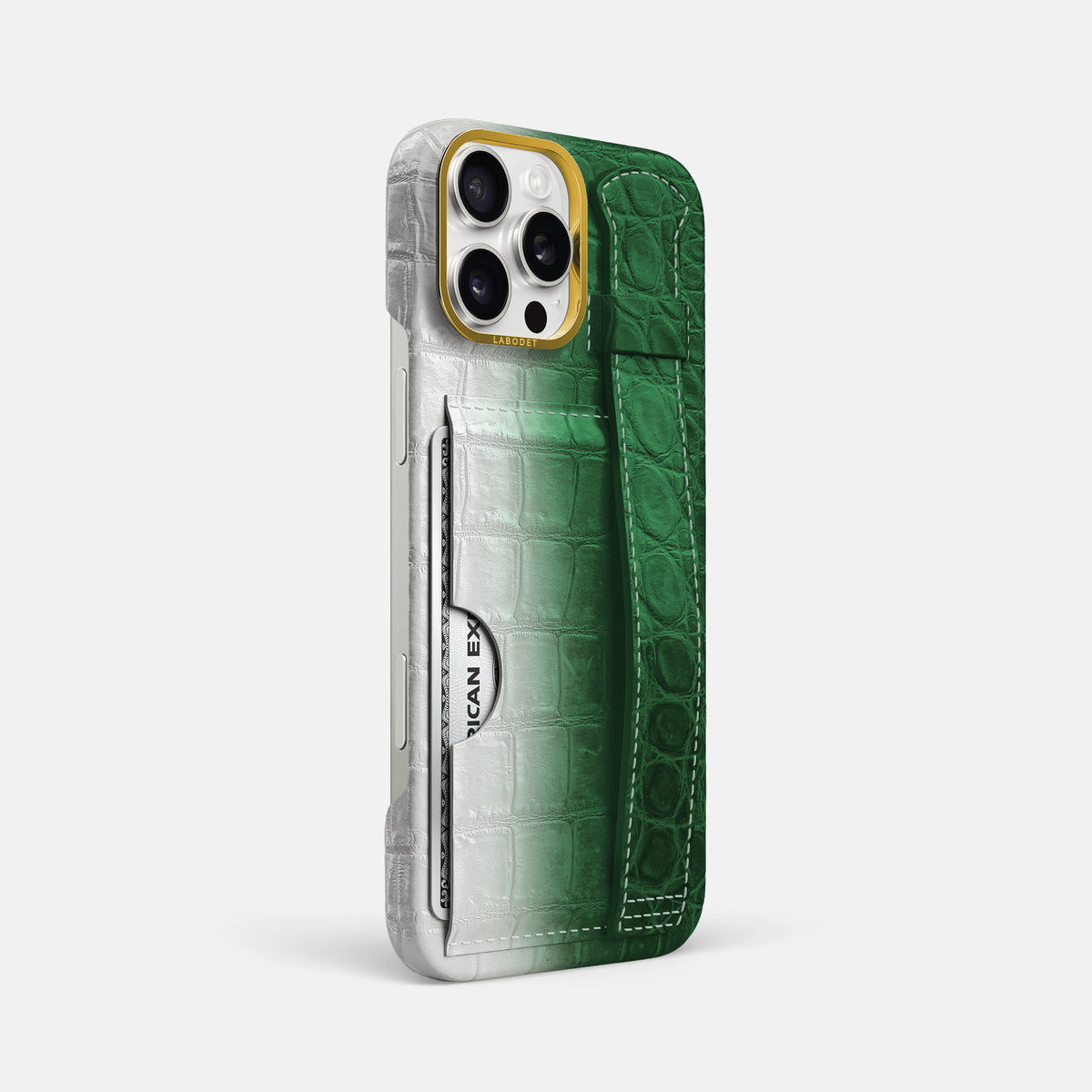 Green iPhone 16 Pro Max Cardholder Strap Himalayan Crocodile with Gold Metal -2 | Green-Gold