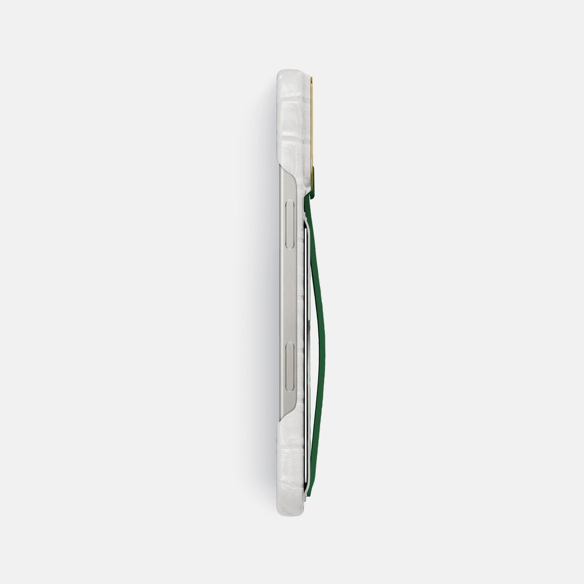 Green iPhone 16 Pro Max Cardholder Strap Himalayan Crocodile with Gold Metal -3 | Green-Gold
