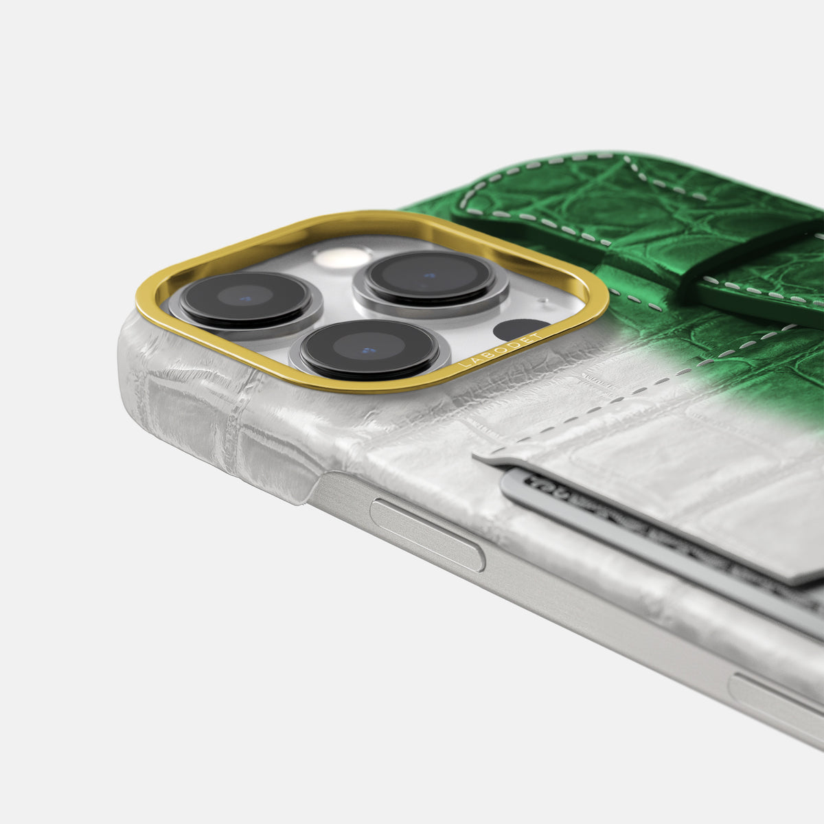Green iPhone 16 Pro Max Cardholder Strap Himalayan Crocodile with Gold Metal -5 | Green-Gold