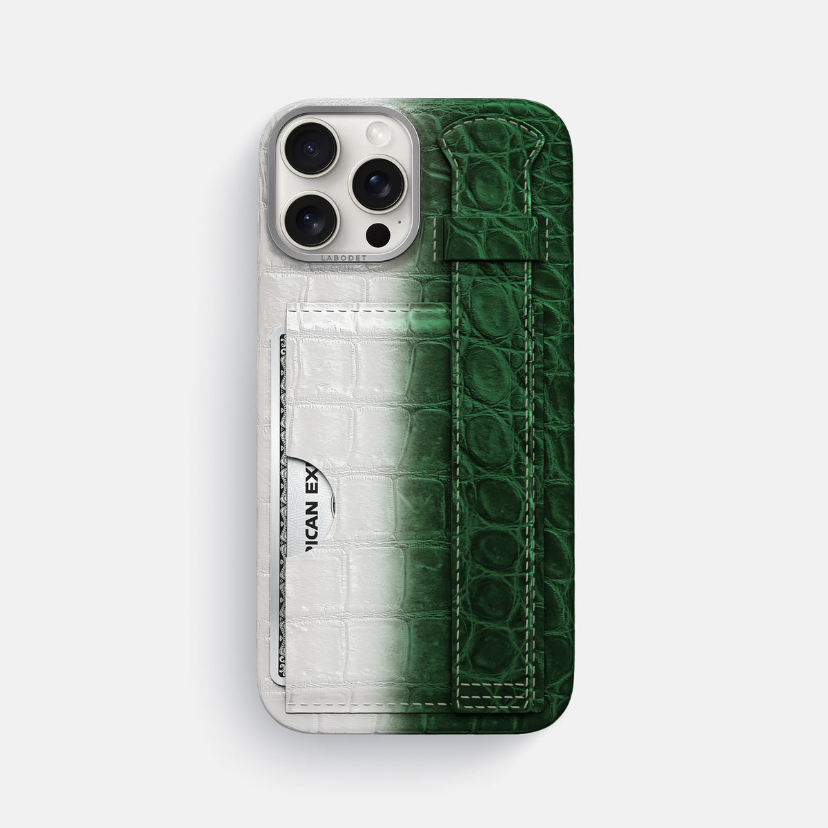 Green iPhone 16 Pro Max Cardholder Strap Himalayan Crocodile with Steel Metal -1 | Green-Steel