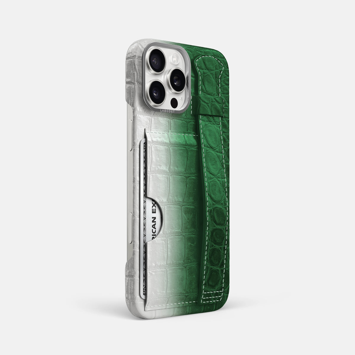 Green iPhone 16 Pro Max Cardholder Strap Himalayan Crocodile with Steel Metal -2 | Green-Steel
