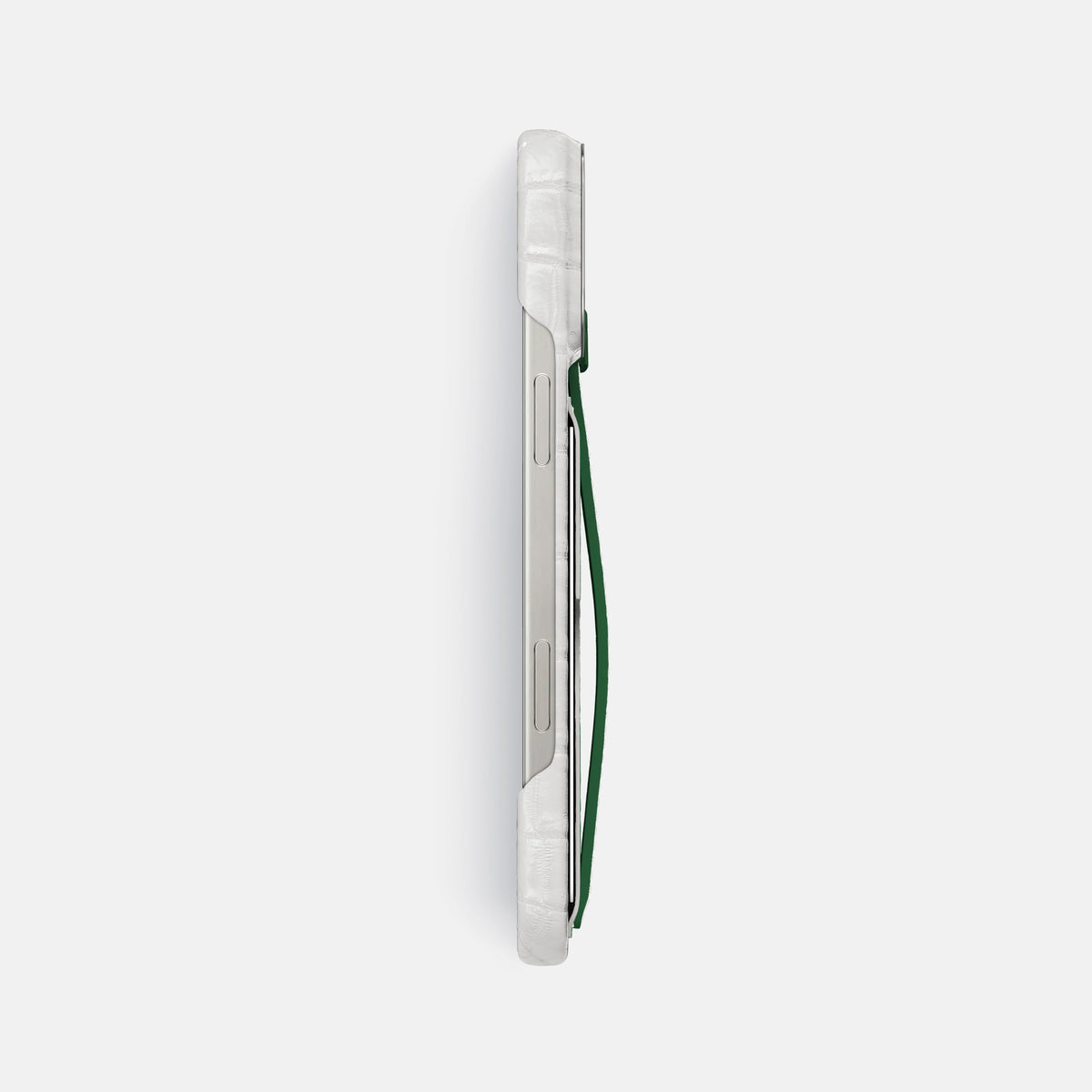 Green iPhone 16 Pro Max Cardholder Strap Himalayan Crocodile with Steel Metal -3 | Green-Steel