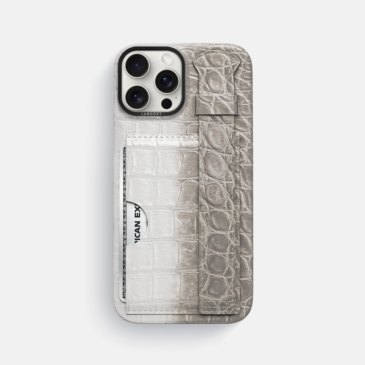 Grey iPhone 16 Pro Max Cardholder Strap Himalayan Crocodile with Black Metal -1 | Grey-Black