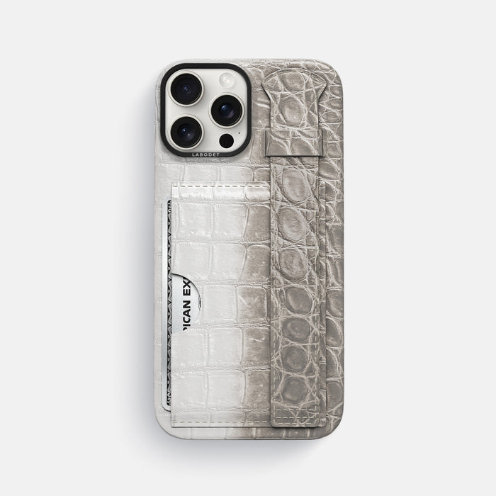 Grey iPhone 16 Pro Max Cardholder Strap Himalayan Crocodile with Black Metal -1 | Grey-Black
