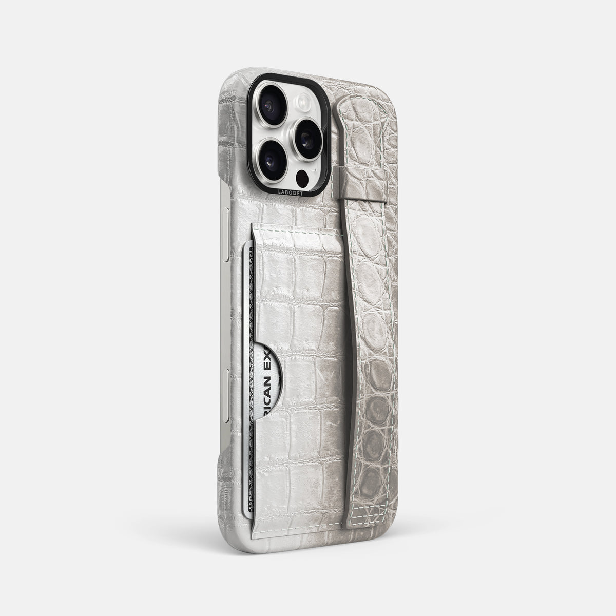 Grey iPhone 16 Pro Max Cardholder Strap Himalayan Crocodile with Black Metal -2 | Grey-Black