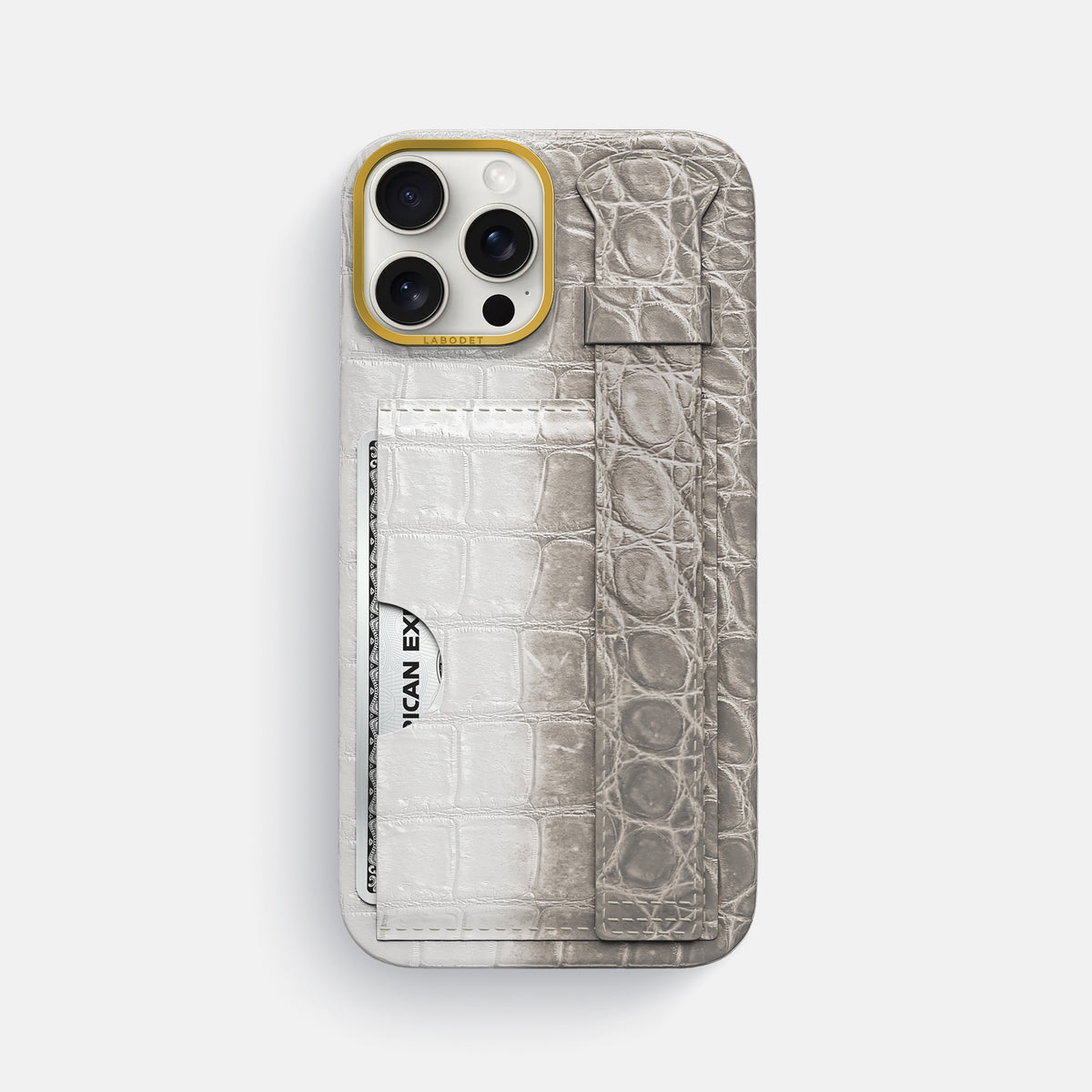 Grey iPhone 16 Pro Max Cardholder Strap Himalayan Crocodile with Gold Metal -1 | Grey-Gold