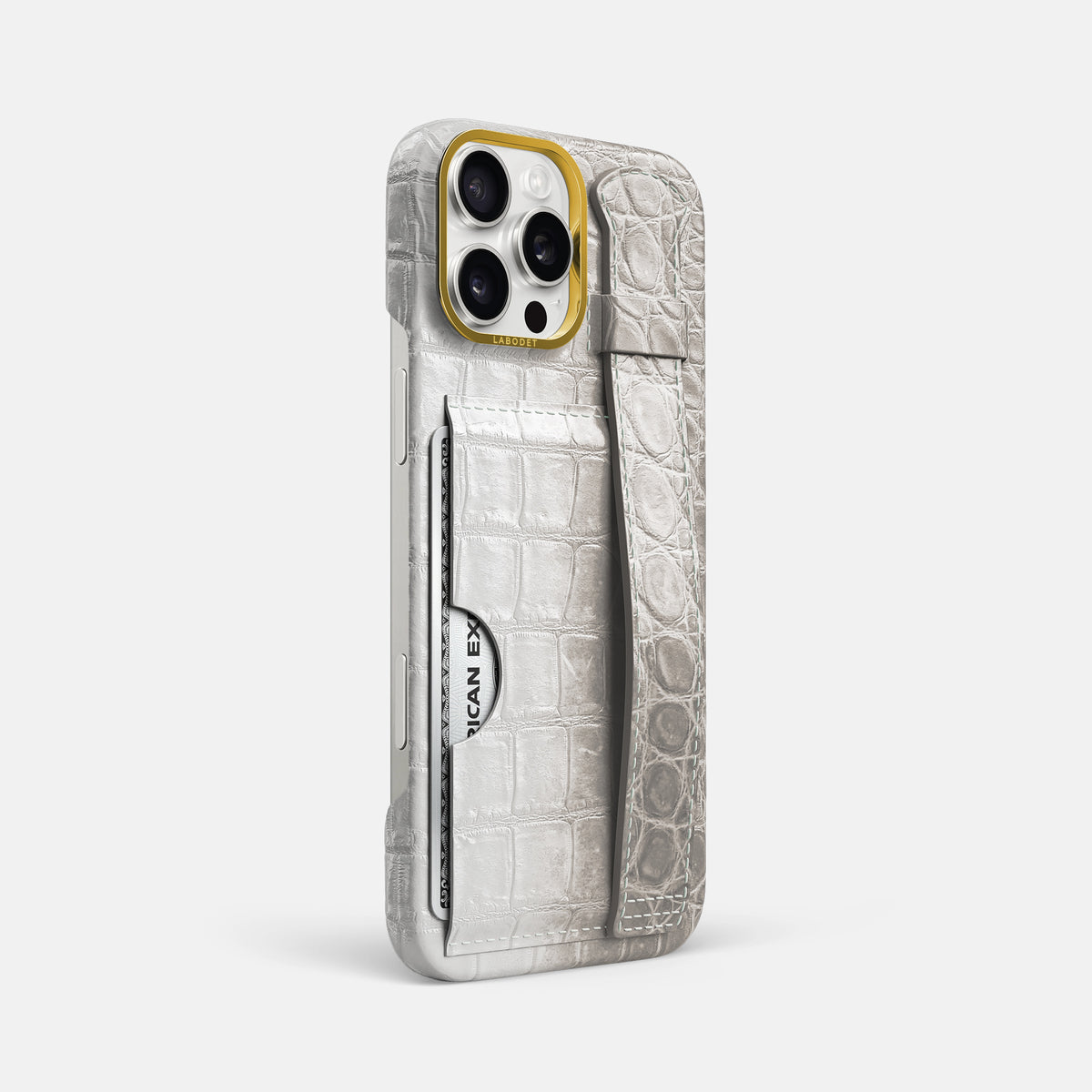 Grey iPhone 16 Pro Max Cardholder Strap Himalayan Crocodile with Gold Metal -2 | Grey-Gold