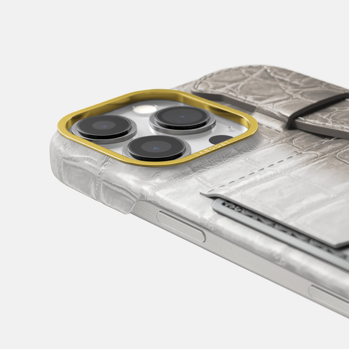 Grey iPhone 16 Pro Max Cardholder Strap Himalayan Crocodile with Gold Metal -5 | Grey-Gold