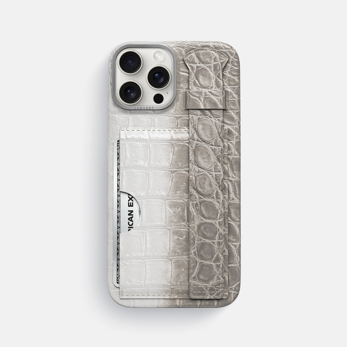 Grey iPhone 16 Pro Max Cardholder Strap Himalayan Crocodile with Steel Metal -1 | Grey-Steel