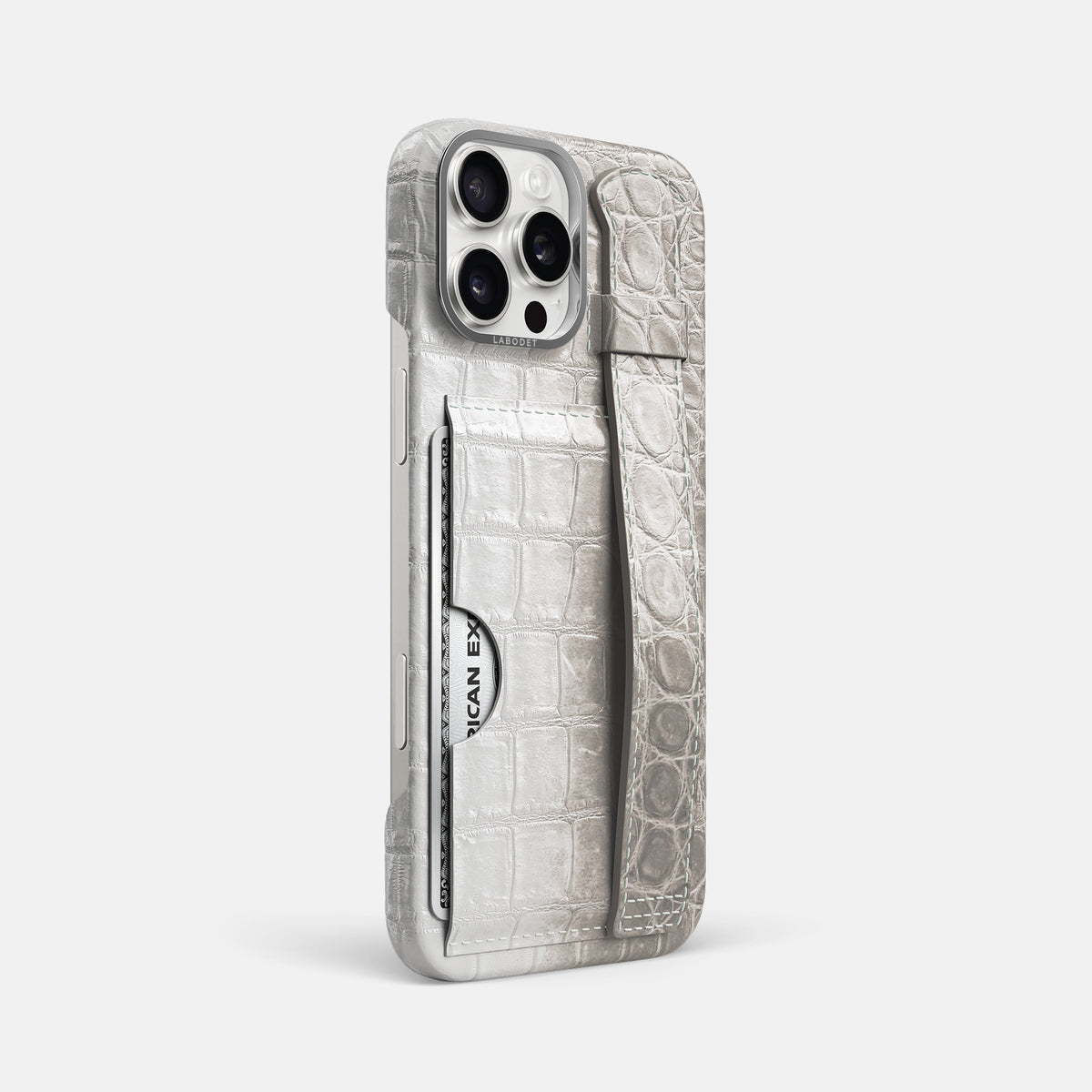 Grey iPhone 16 Pro Max Cardholder Strap Himalayan Crocodile with Steel Metal -2 | Grey-Steel