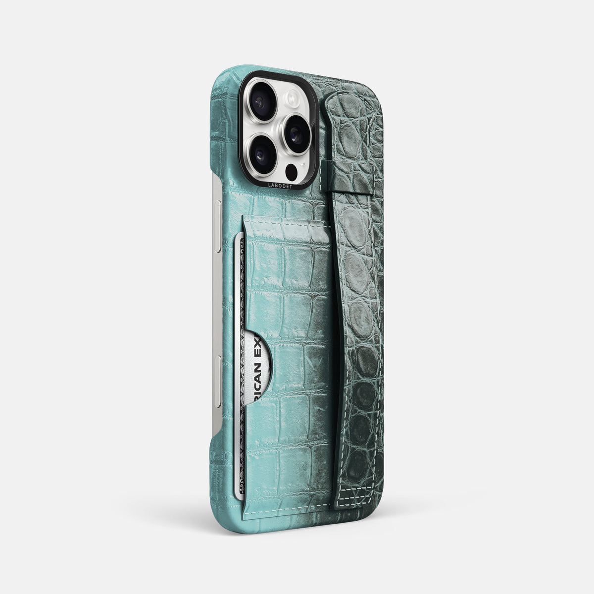 Light-Mint iPhone 16 Pro Max Cardholder Strap Himalayan Crocodile with Black Metal -2 | Light-Mint-Black