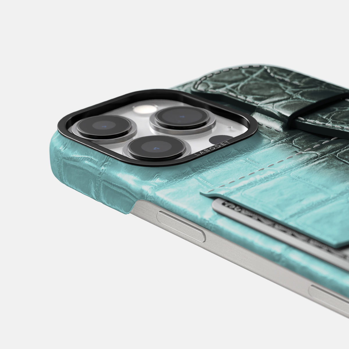 Light-Mint iPhone 16 Pro Max Cardholder Strap Himalayan Crocodile with Black Metal -5 | Light-Mint-Black