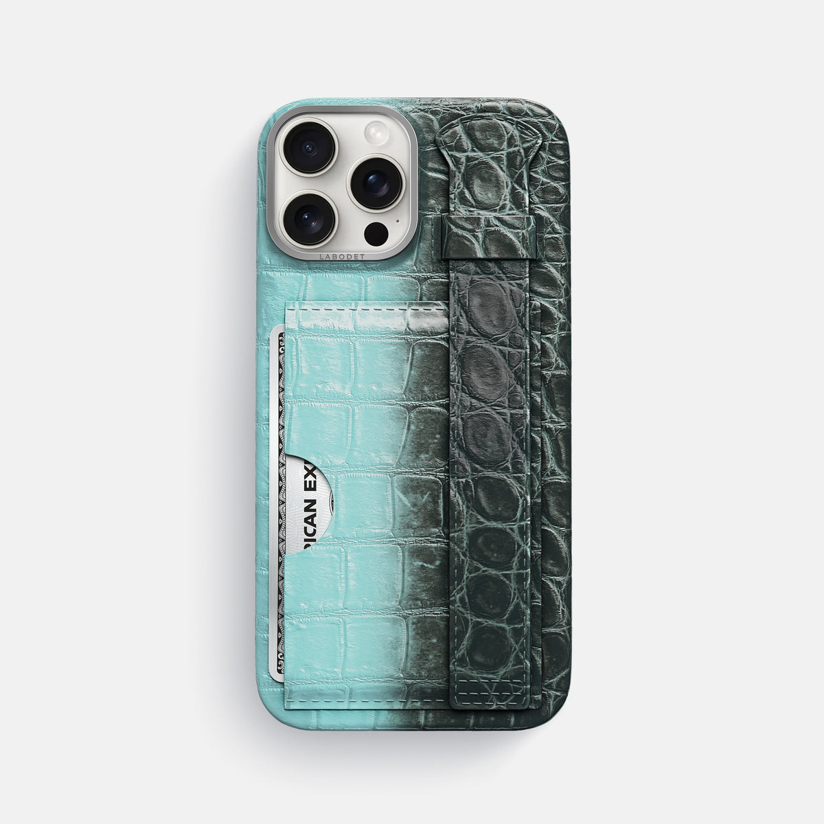 Light-Mint iPhone 16 Pro Max Cardholder Strap Himalayan Crocodile with Steel Metal -1 | Light-Mint-Steel