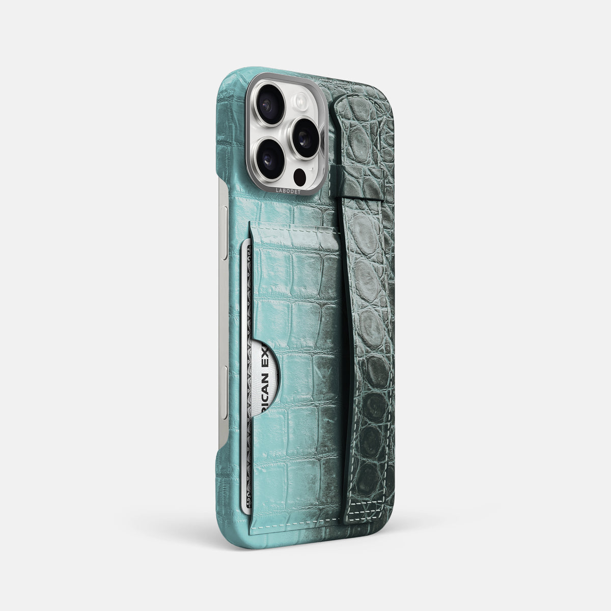 Light-Mint iPhone 16 Pro Max Cardholder Strap Himalayan Crocodile with Steel Metal -2 | Light-Mint-Steel