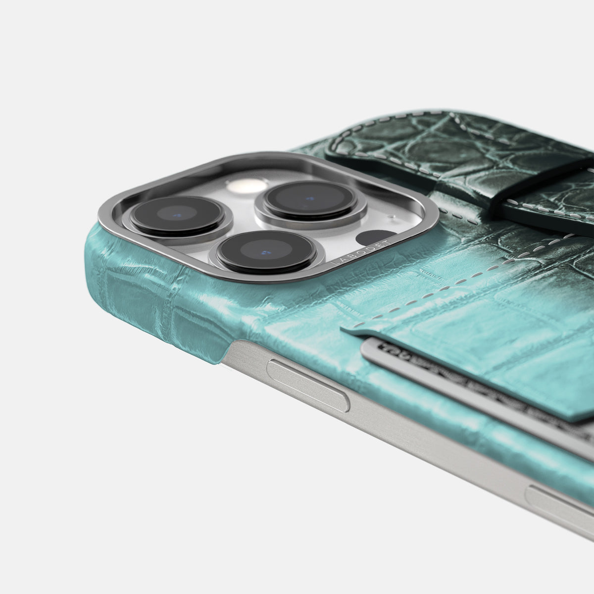 Light-Mint iPhone 16 Pro Max Cardholder Strap Himalayan Crocodile with Steel Metal -5 | Light-Mint-Steel