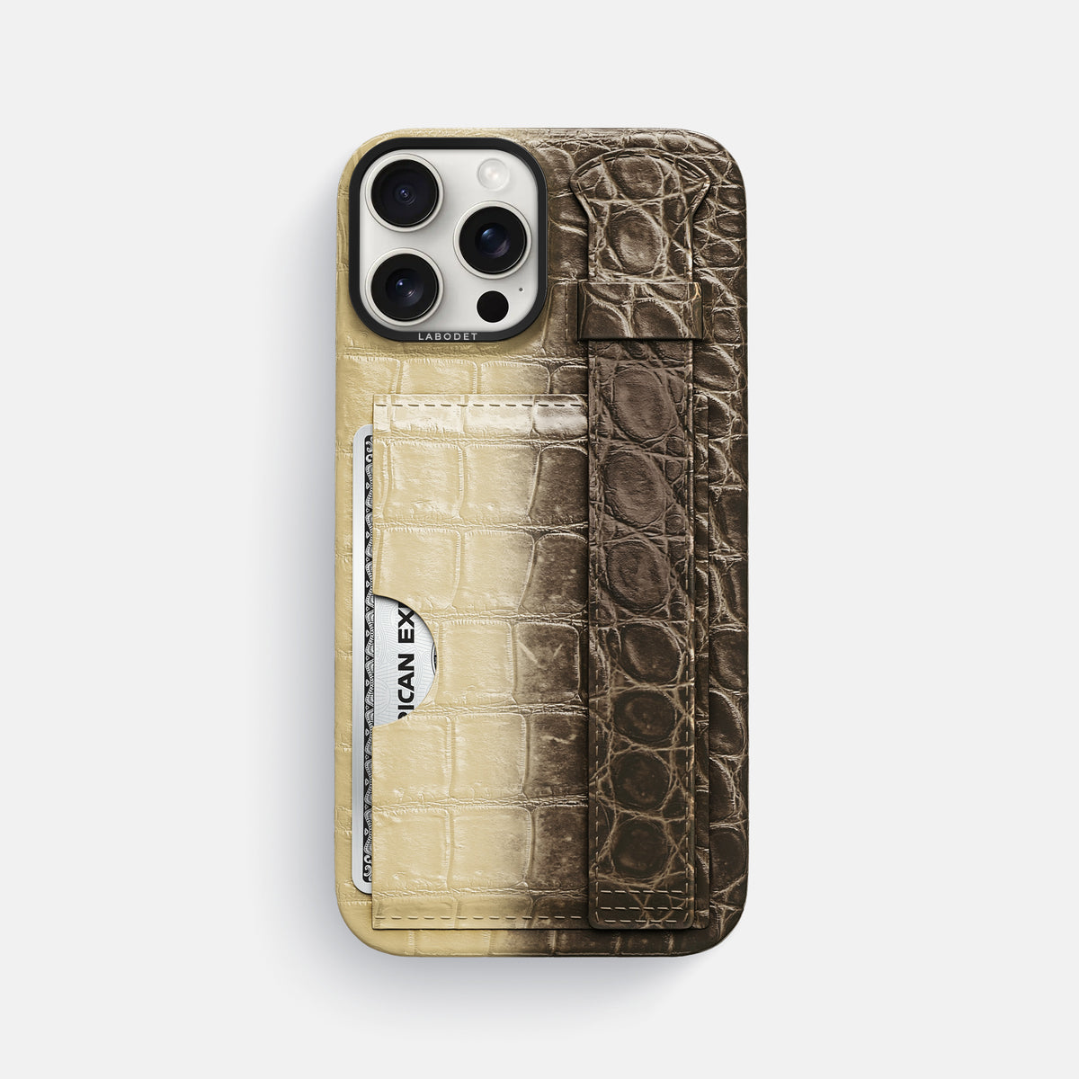 Natural iPhone 16 Pro Max Cardholder Strap Himalayan Crocodile with Black Metal -1 | Natural-Black