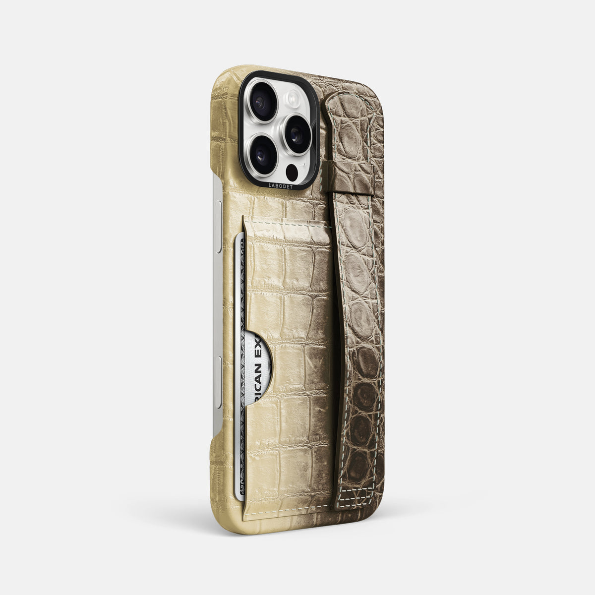 Natural iPhone 16 Pro Max Cardholder Strap Himalayan Crocodile with Black Metal -2 | Natural-Black