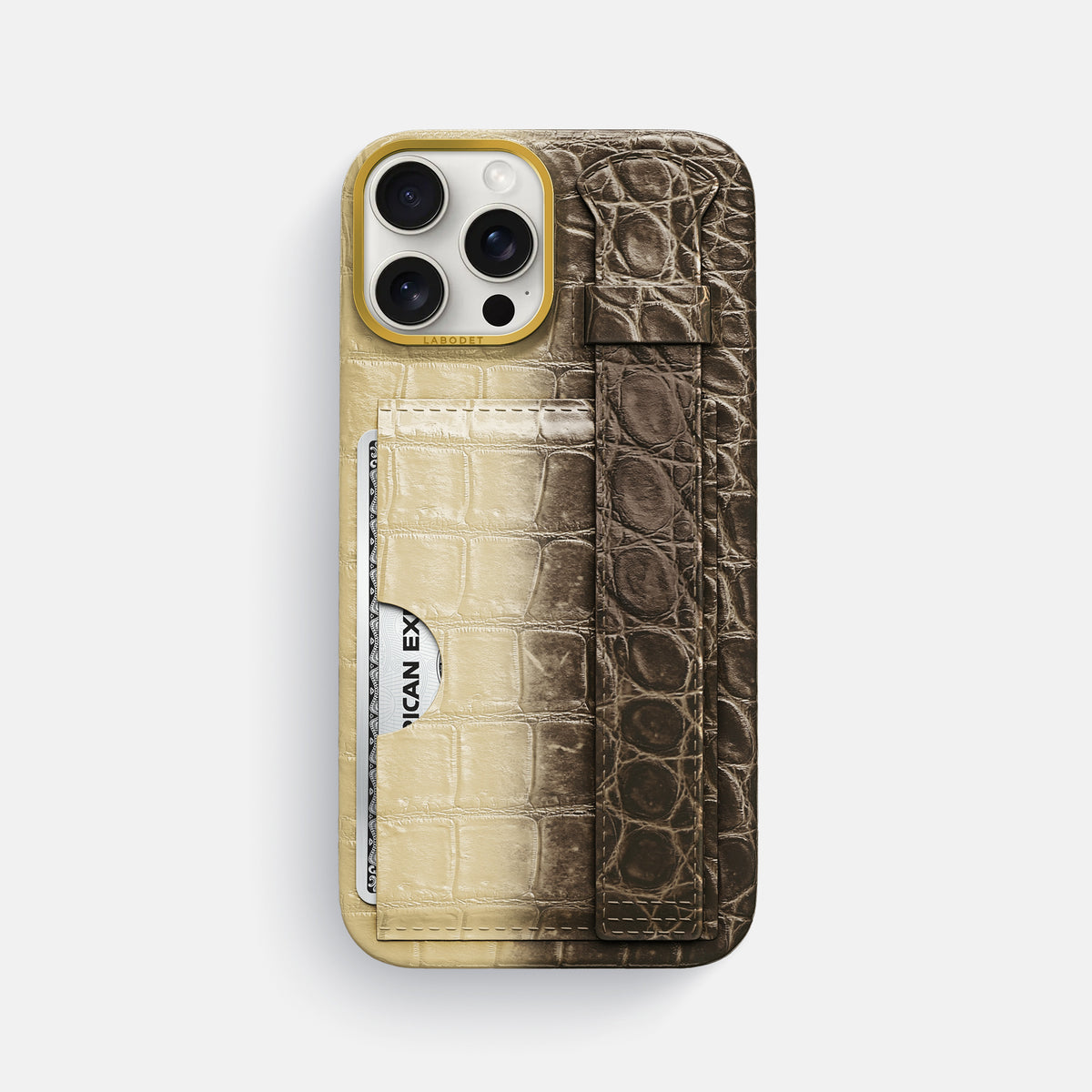 Natural iPhone 16 Pro Max Cardholder Strap Himalayan Crocodile with Gold Metal -1 | Natural-Gold