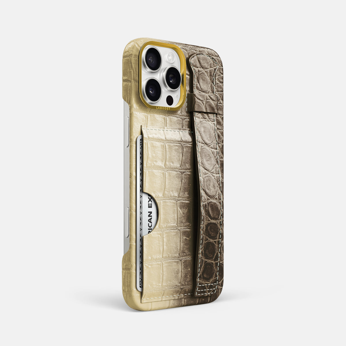 Natural iPhone 16 Pro Max Cardholder Strap Himalayan Crocodile with Gold Metal -2 | Natural-Gold
