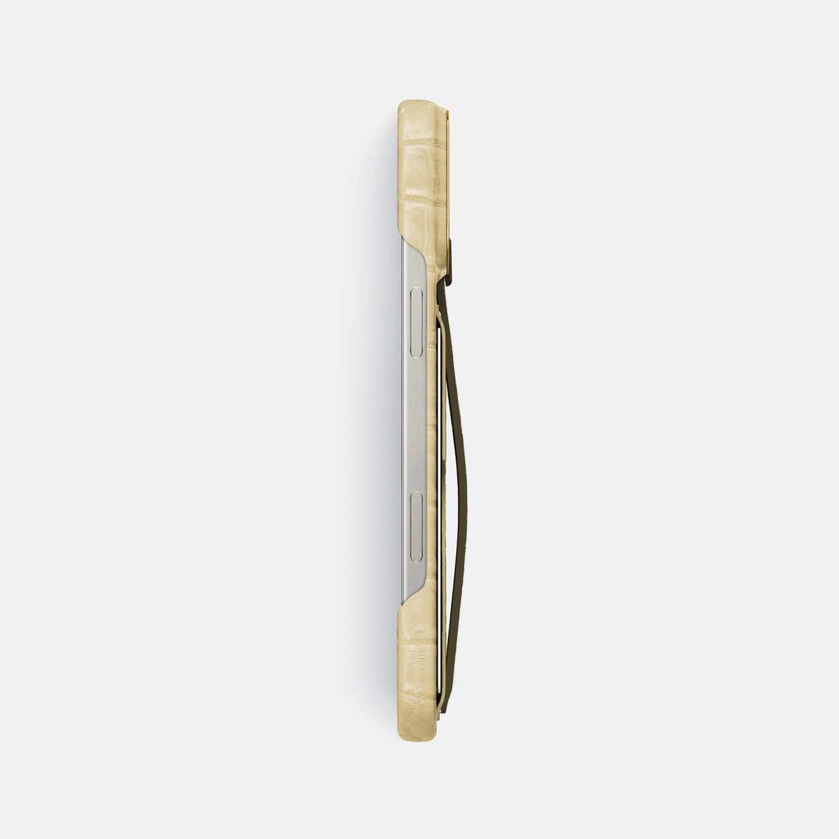 Natural iPhone 16 Pro Max Cardholder Strap Himalayan Crocodile with Gold Metal -3 | Natural-Gold
