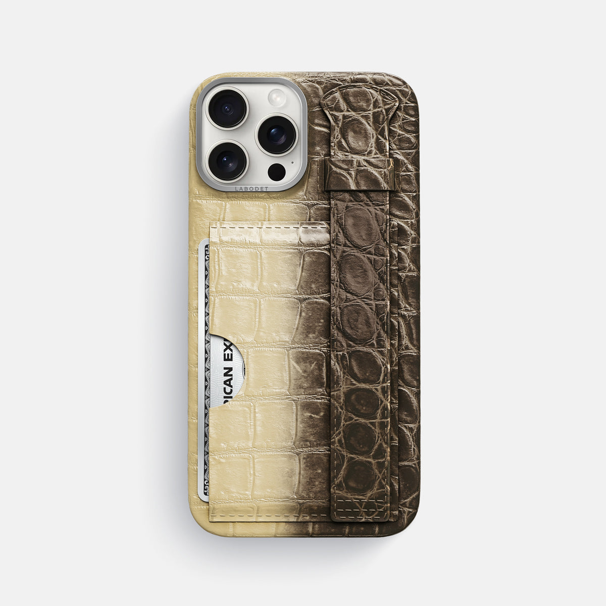 Natural iPhone 16 Pro Max Cardholder Strap Himalayan Crocodile with Steel Metal -1 | Natural-Steel