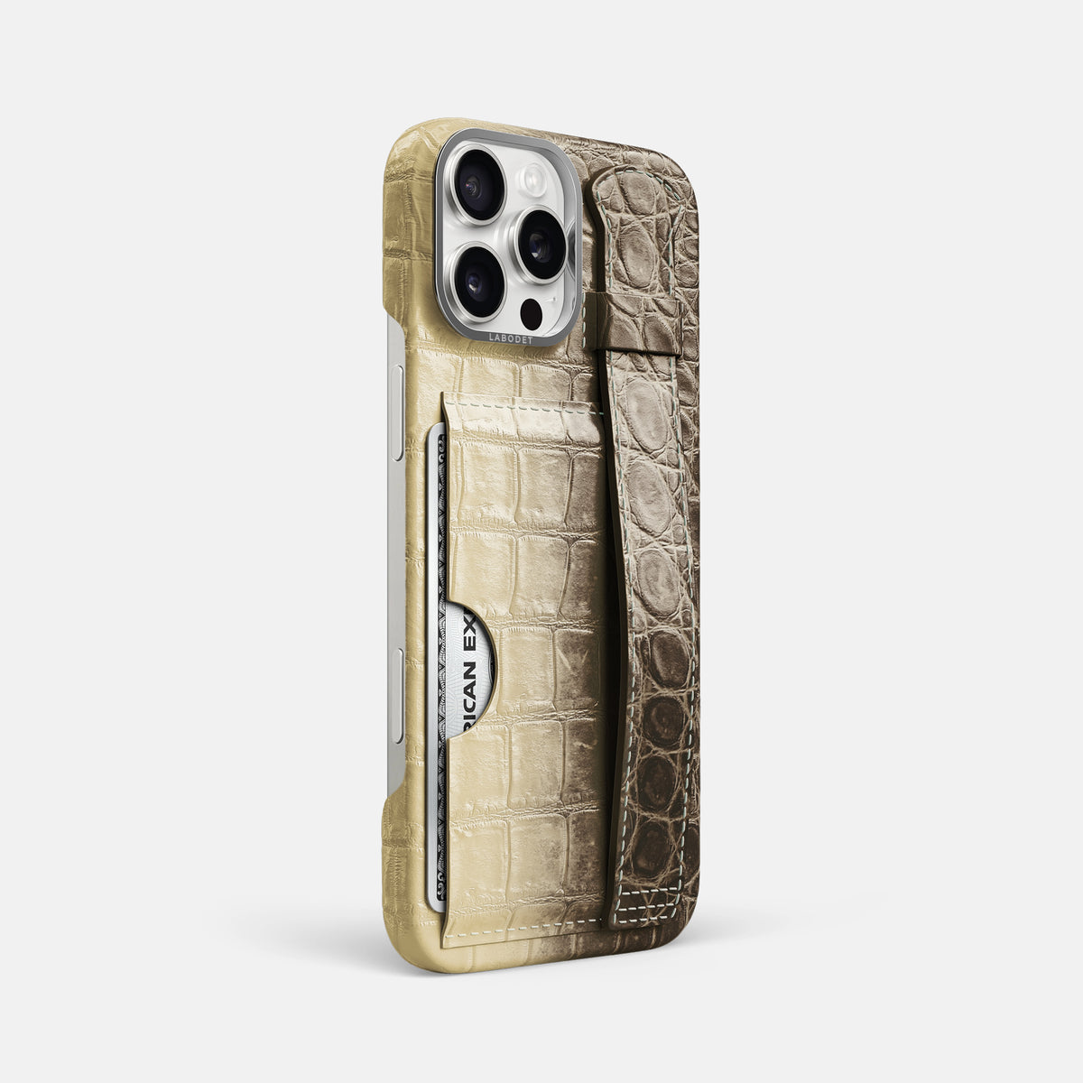 Natural iPhone 16 Pro Max Cardholder Strap Himalayan Crocodile with Steel Metal -2 | Natural-Steel