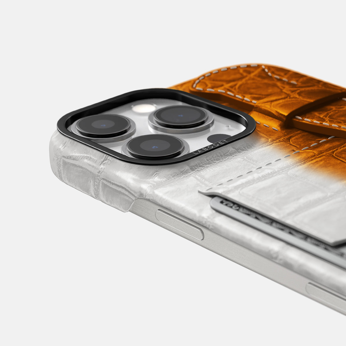 Orange iPhone 16 Pro Max Cardholder Strap Himalayan Crocodile with Black Metal -5 | Orange-Black