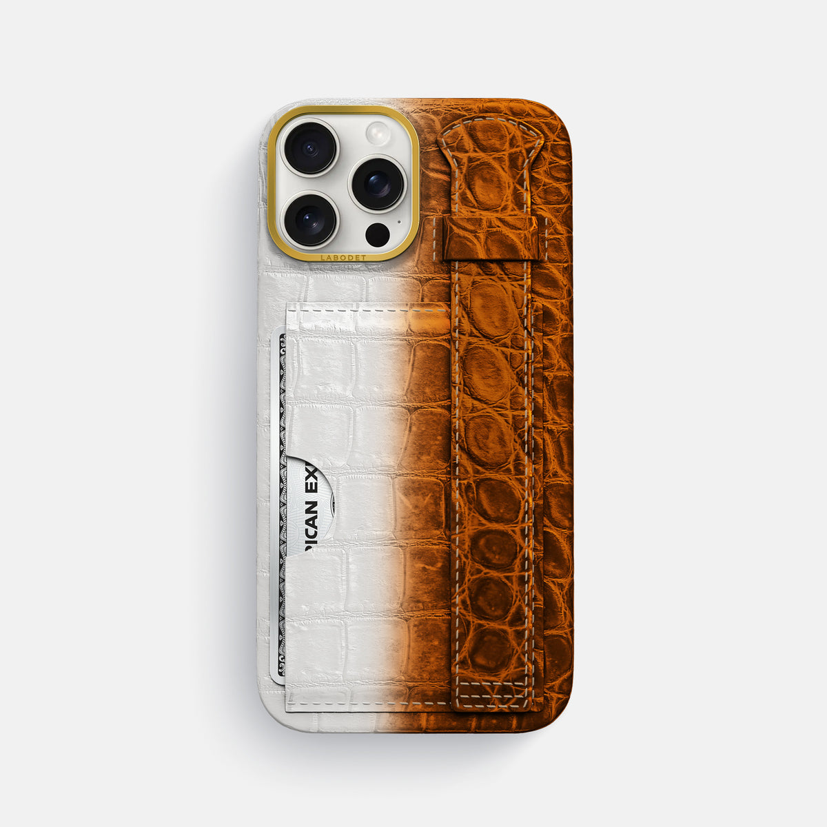 Orange iPhone 16 Pro Max Cardholder Strap Himalayan Crocodile with Gold Metal -1 | Orange-Gold