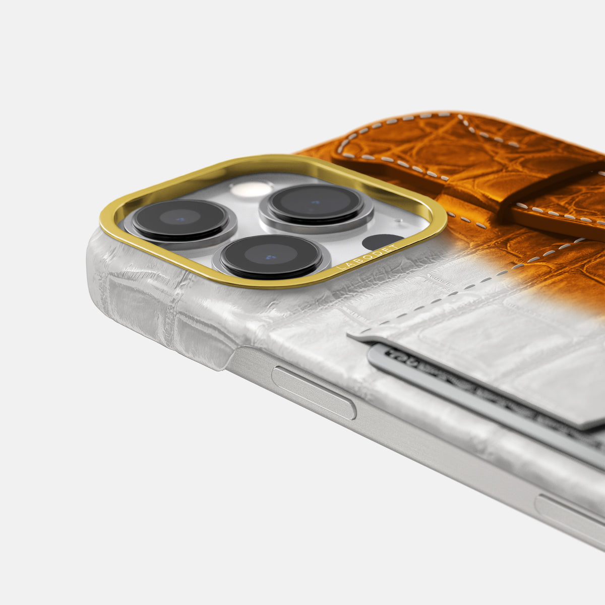 Orange iPhone 16 Pro Max Cardholder Strap Himalayan Crocodile with Gold Metal -5 | Orange-Gold