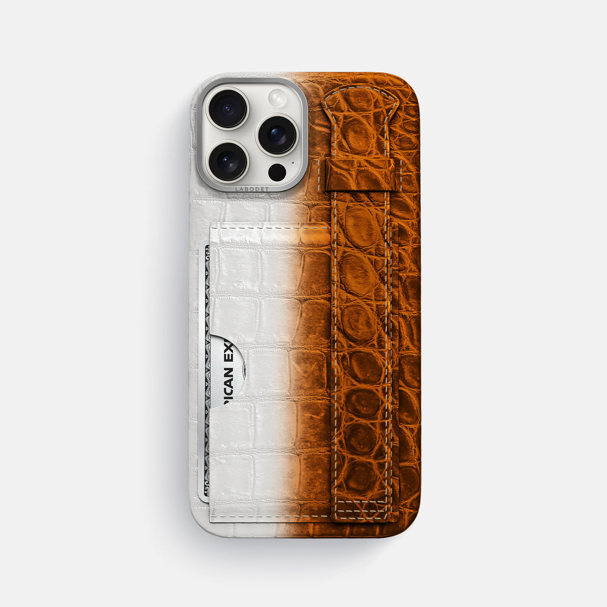 Orange iPhone 16 Pro Max Cardholder Strap Himalayan Crocodile with Steel Metal -1 | Orange-Steel