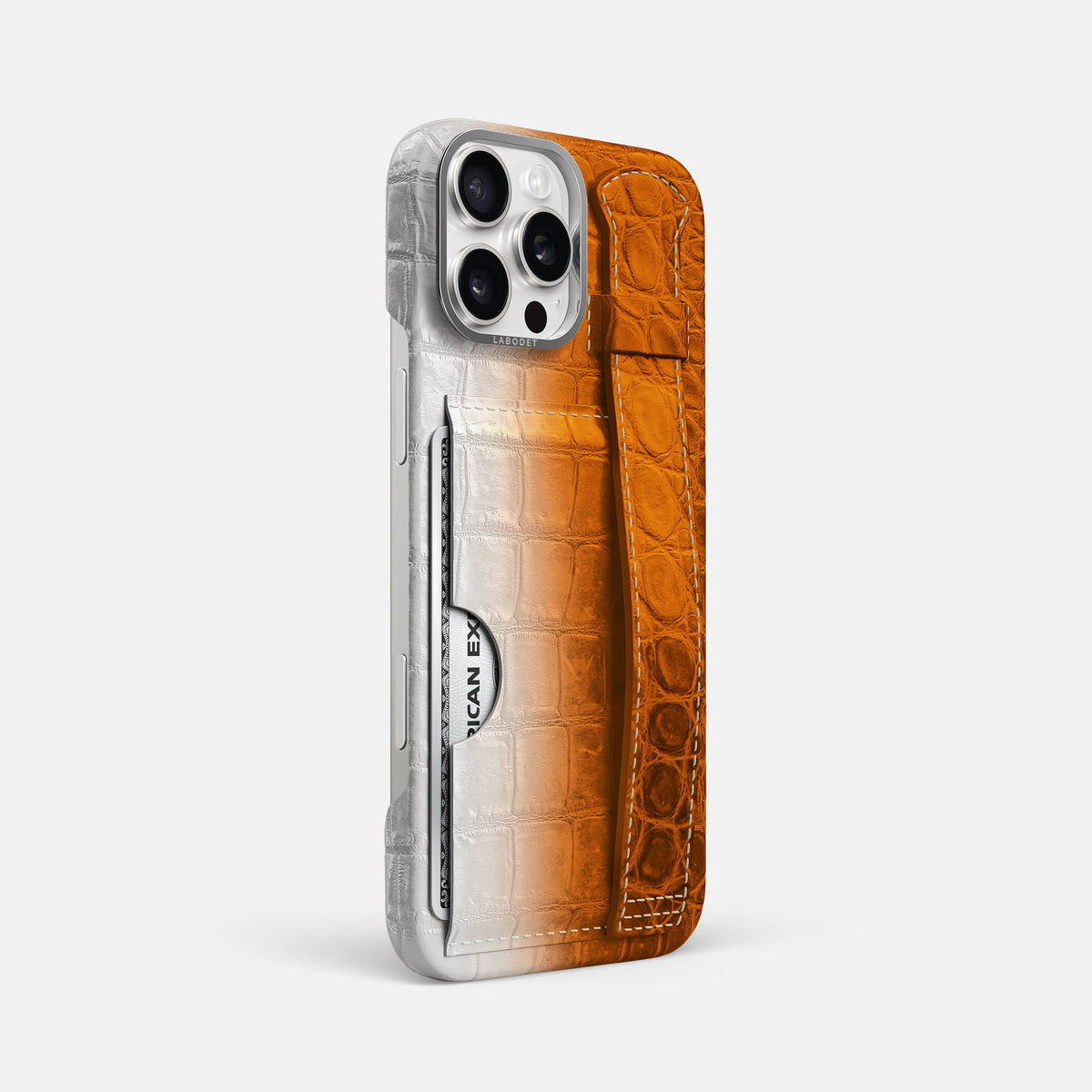 Orange iPhone 16 Pro Max Cardholder Strap Himalayan Crocodile with Steel Metal -2 | Orange-Steel