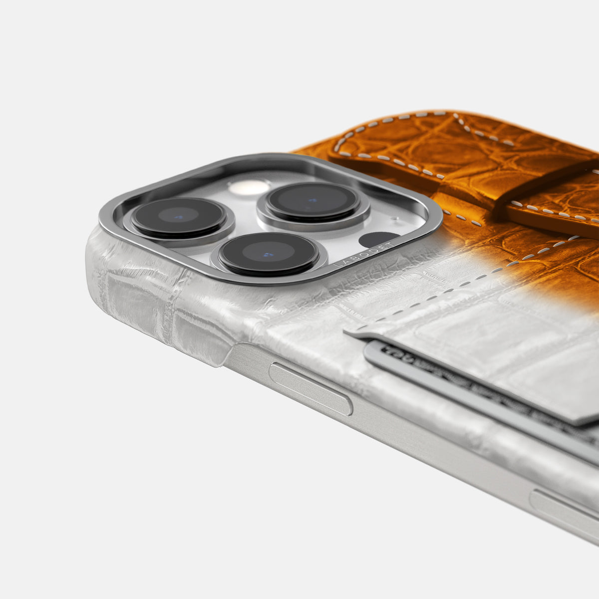 Orange iPhone 16 Pro Max Cardholder Strap Himalayan Crocodile with Steel Metal -5 | Orange-Steel