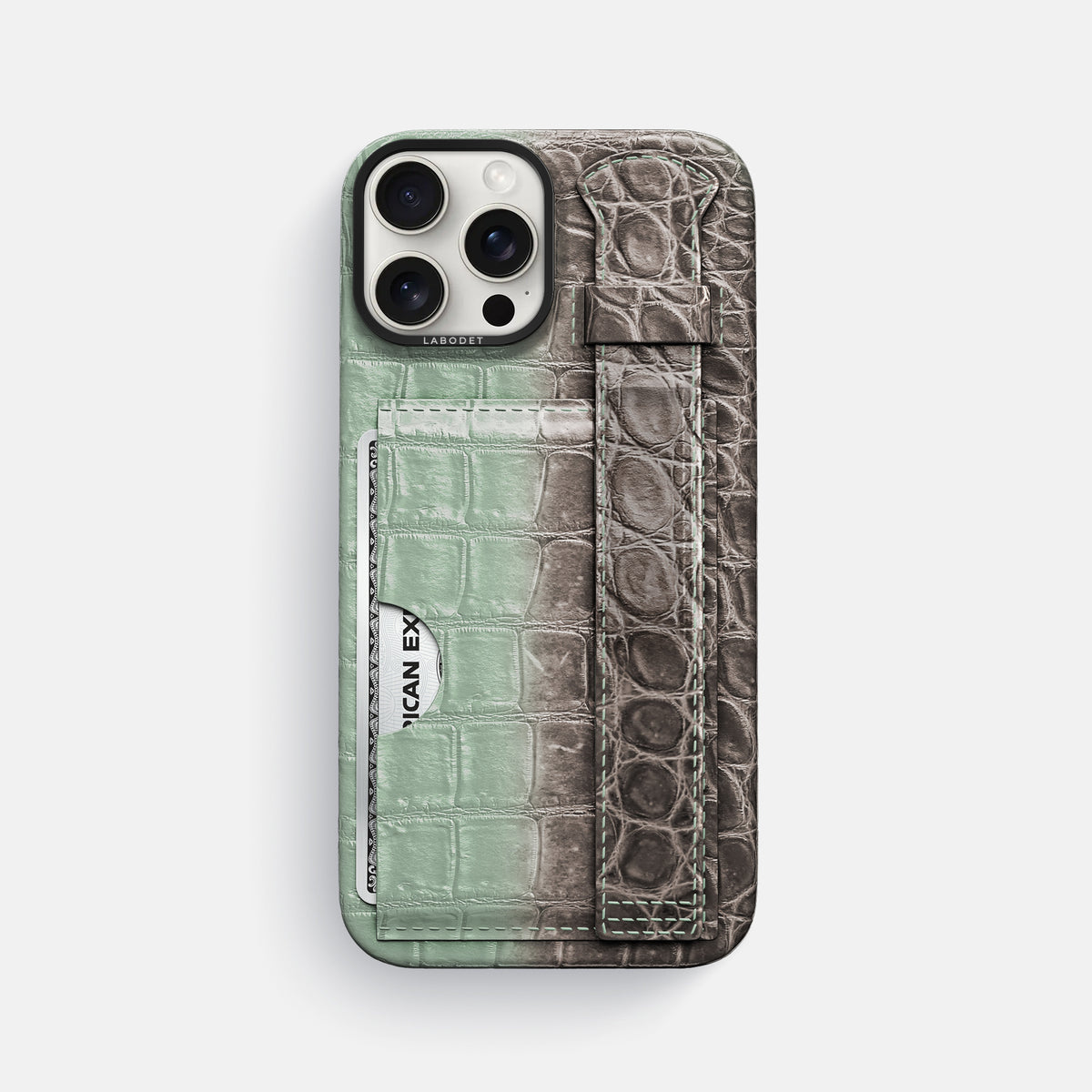 Pistachio iPhone 16 Pro Max Cardholder Strap Himalayan Crocodile with Black Metal -1 | Pistachio-Black