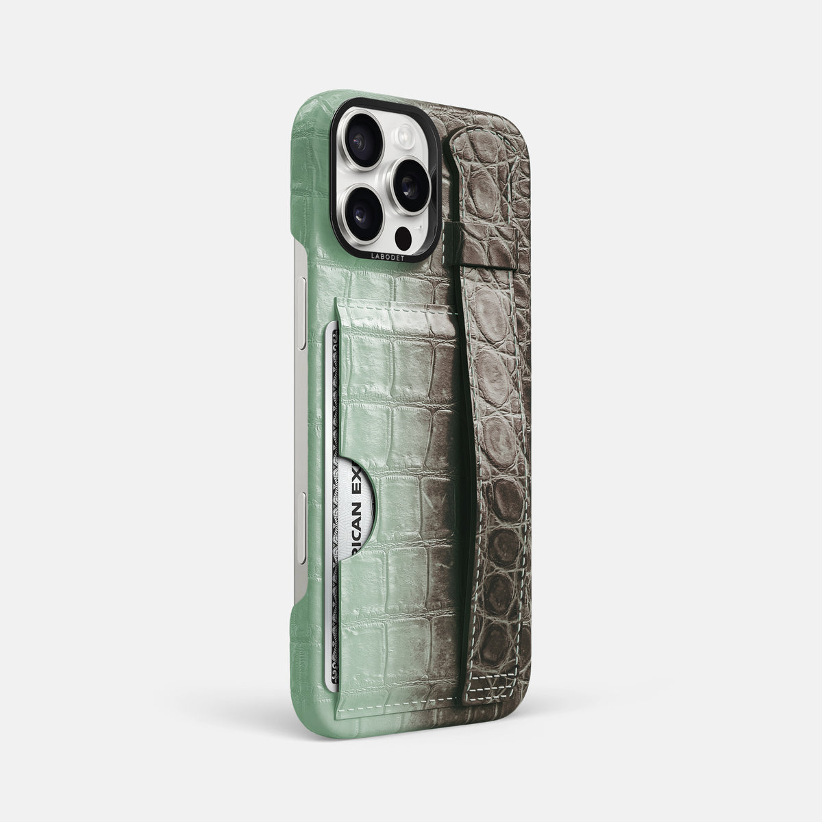 Pistachio iPhone 16 Pro Max Cardholder Strap Himalayan Crocodile with Black Metal -2 | Pistachio-Black