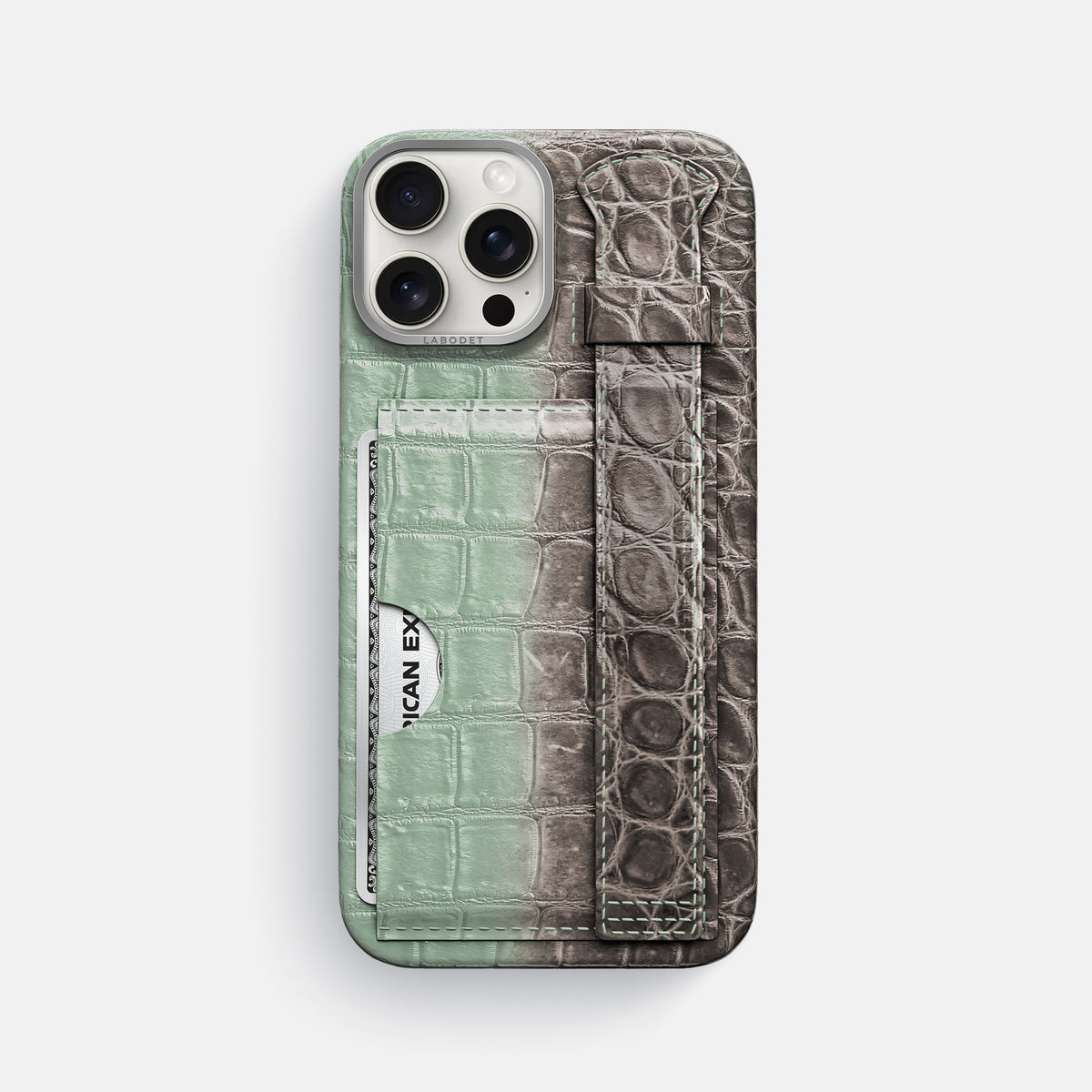 Pistachio iPhone 16 Pro Max Cardholder Strap Himalayan Crocodile with Steel Metal -1 | Pistachio-Steel