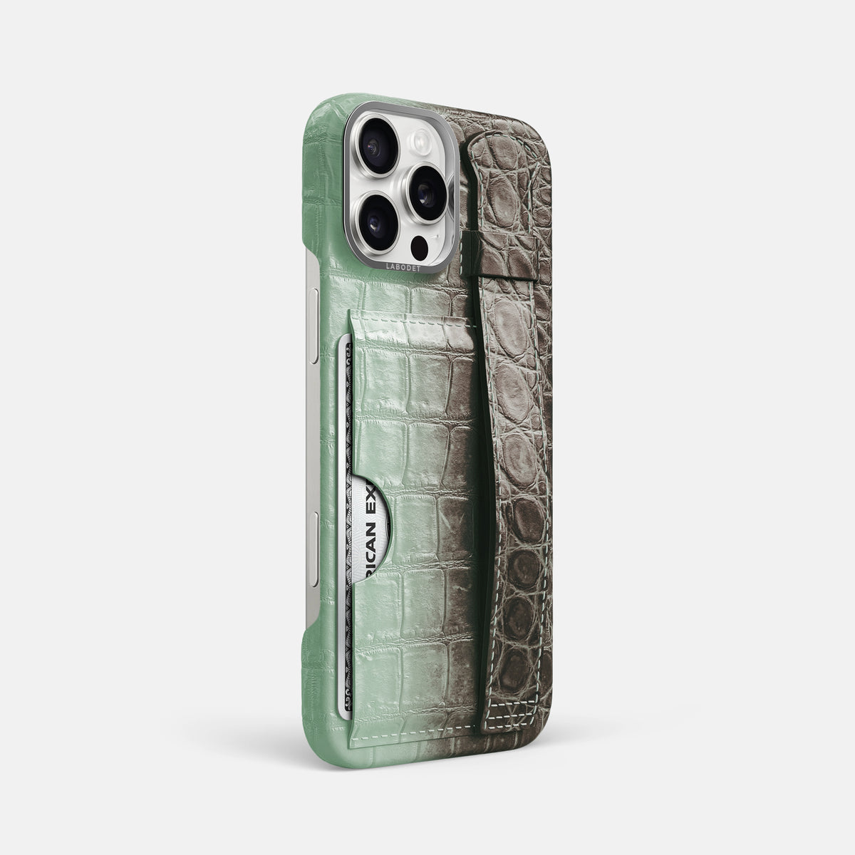 Pistachio iPhone 16 Pro Max Cardholder Strap Himalayan Crocodile with Steel Metal -2 | Pistachio-Steel