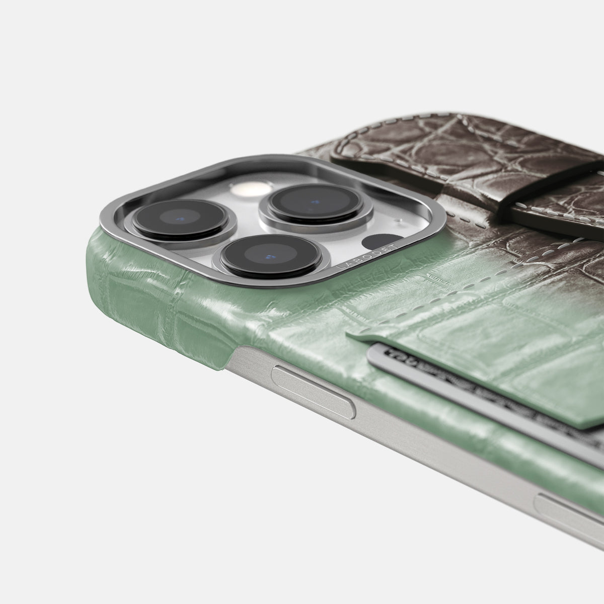 Pistachio iPhone 16 Pro Max Cardholder Strap Himalayan Crocodile with Steel Metal -5 | Pistachio-Steel
