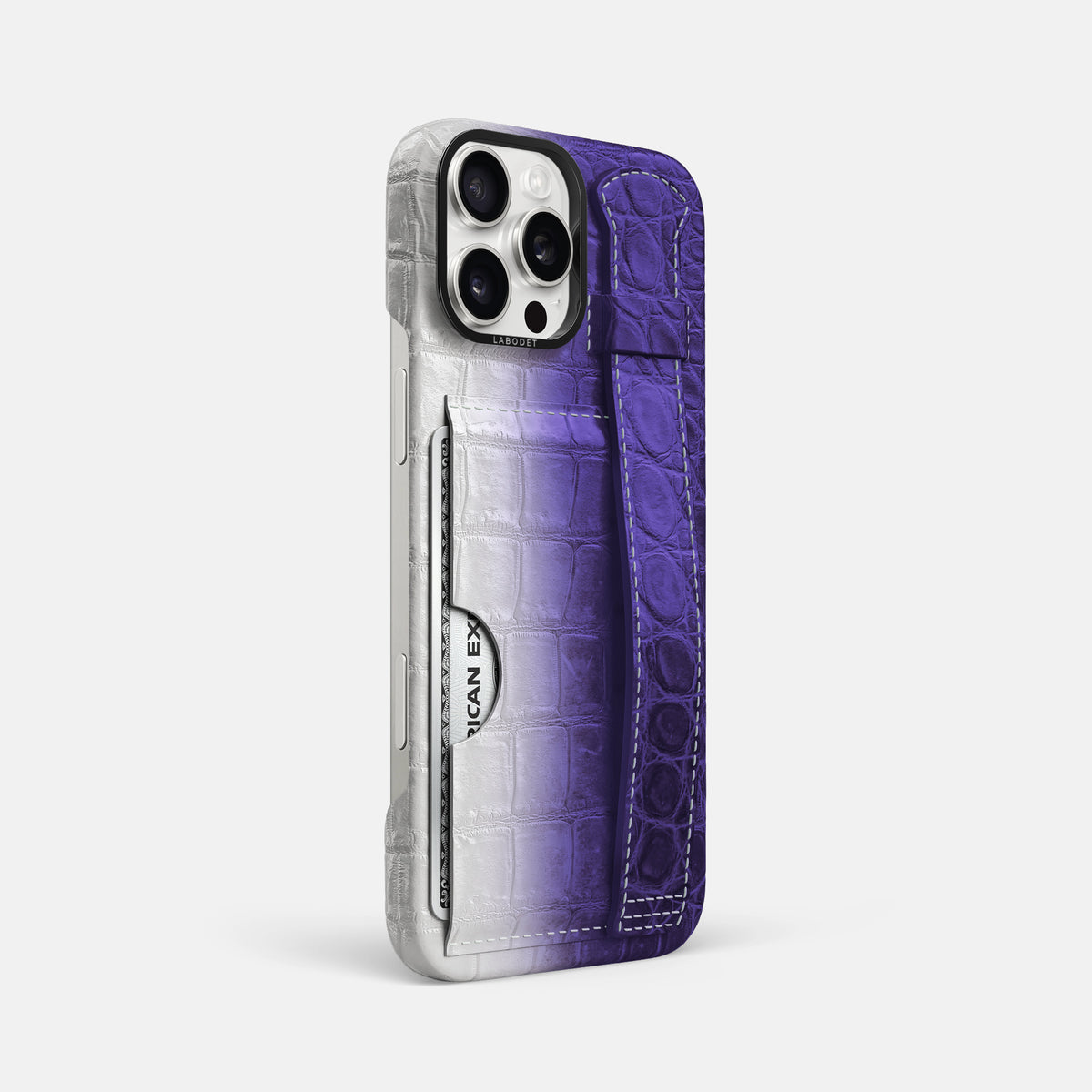 Purple iPhone 16 Pro Max Cardholder Strap Himalayan Crocodile with Black Metal -2 | Purple-Black