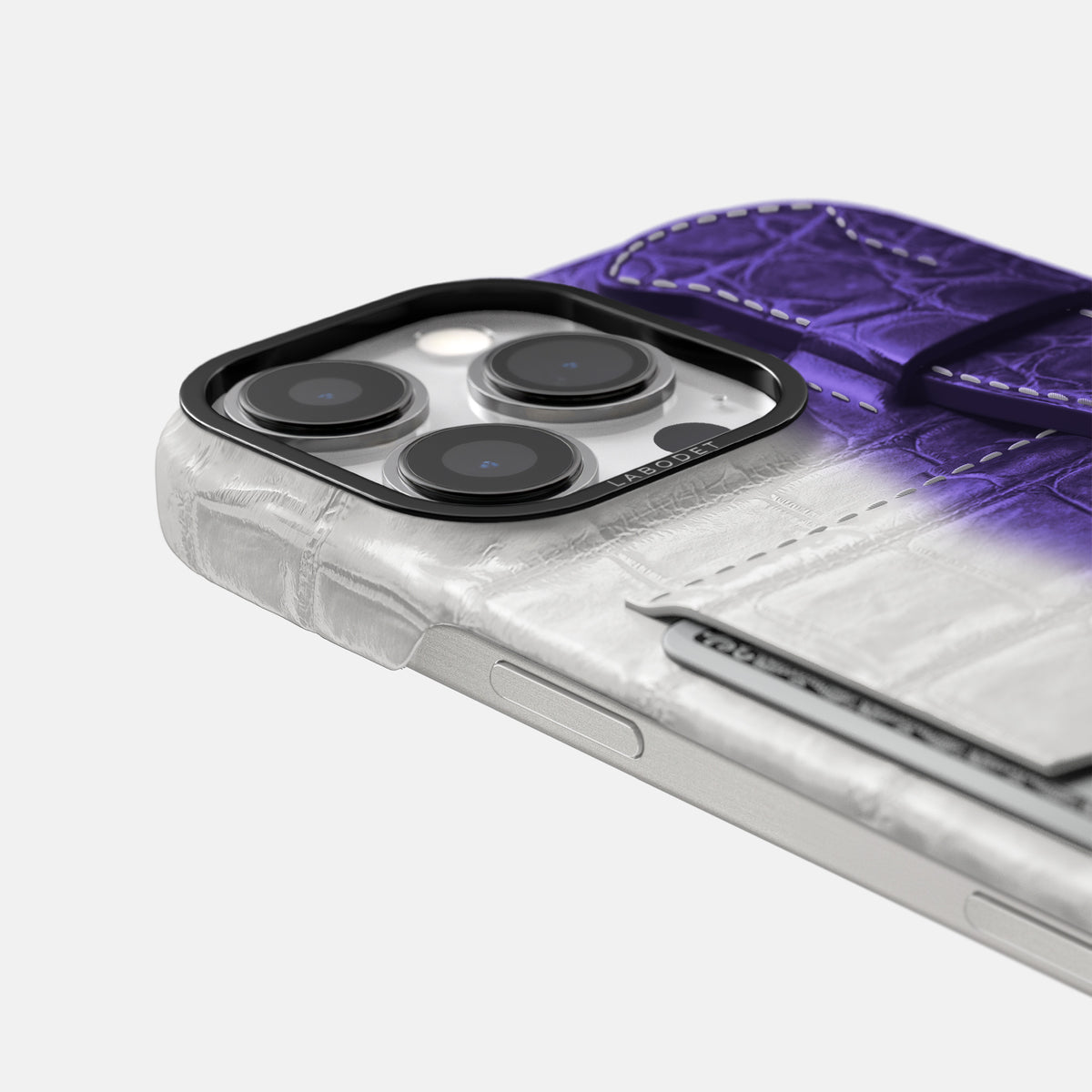 Purple iPhone 16 Pro Max Cardholder Strap Himalayan Crocodile with Black Metal -5 | Purple-Black