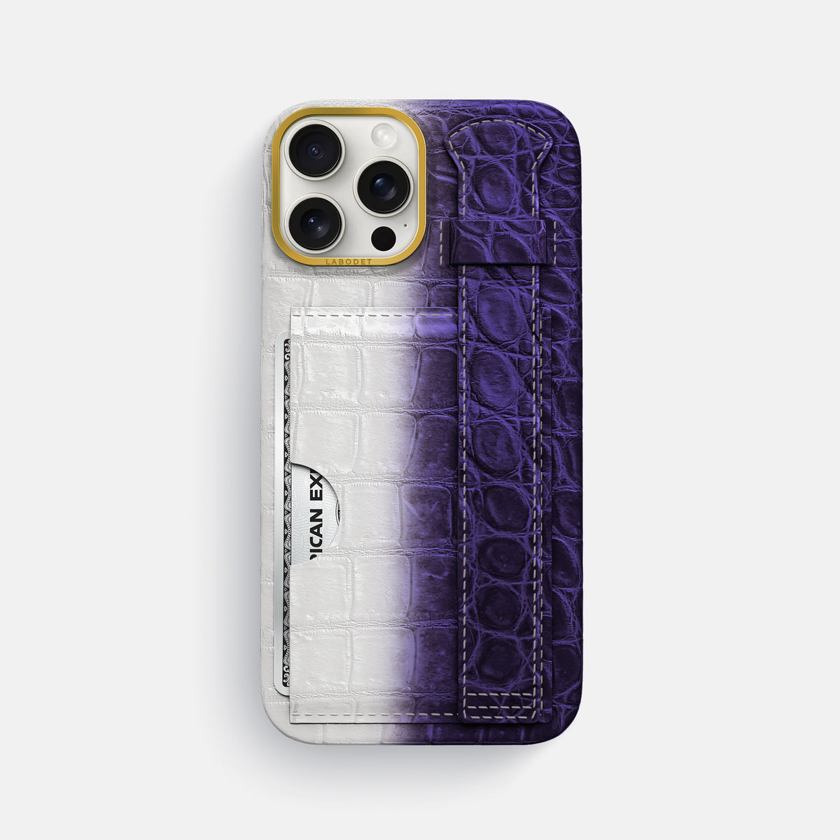 Purple iPhone 16 Pro Max Cardholder Strap Himalayan Crocodile with Gold Metal -1 | Purple-Gold