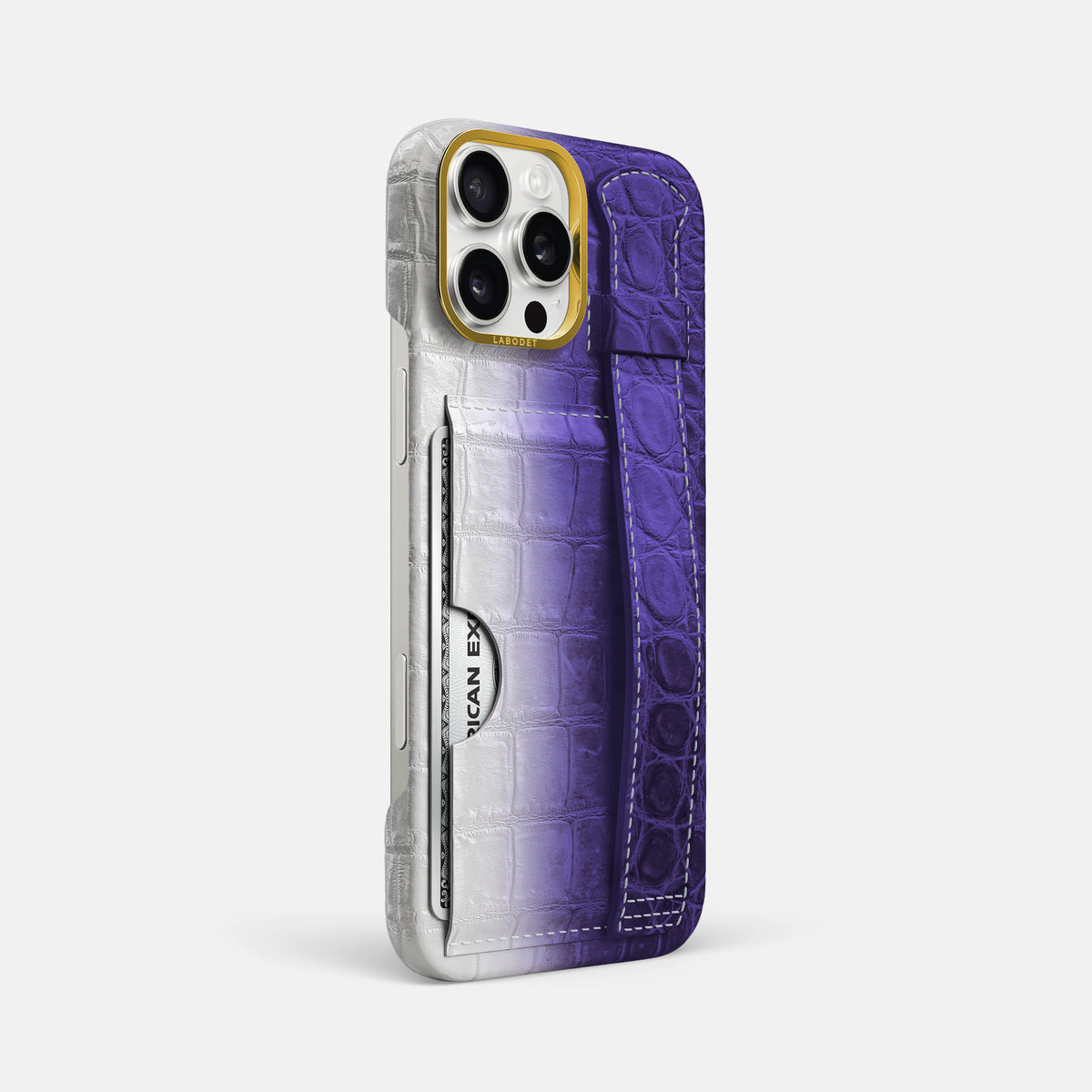 Purple iPhone 16 Pro Max Cardholder Strap Himalayan Crocodile with Gold Metal -2 | Purple-Gold