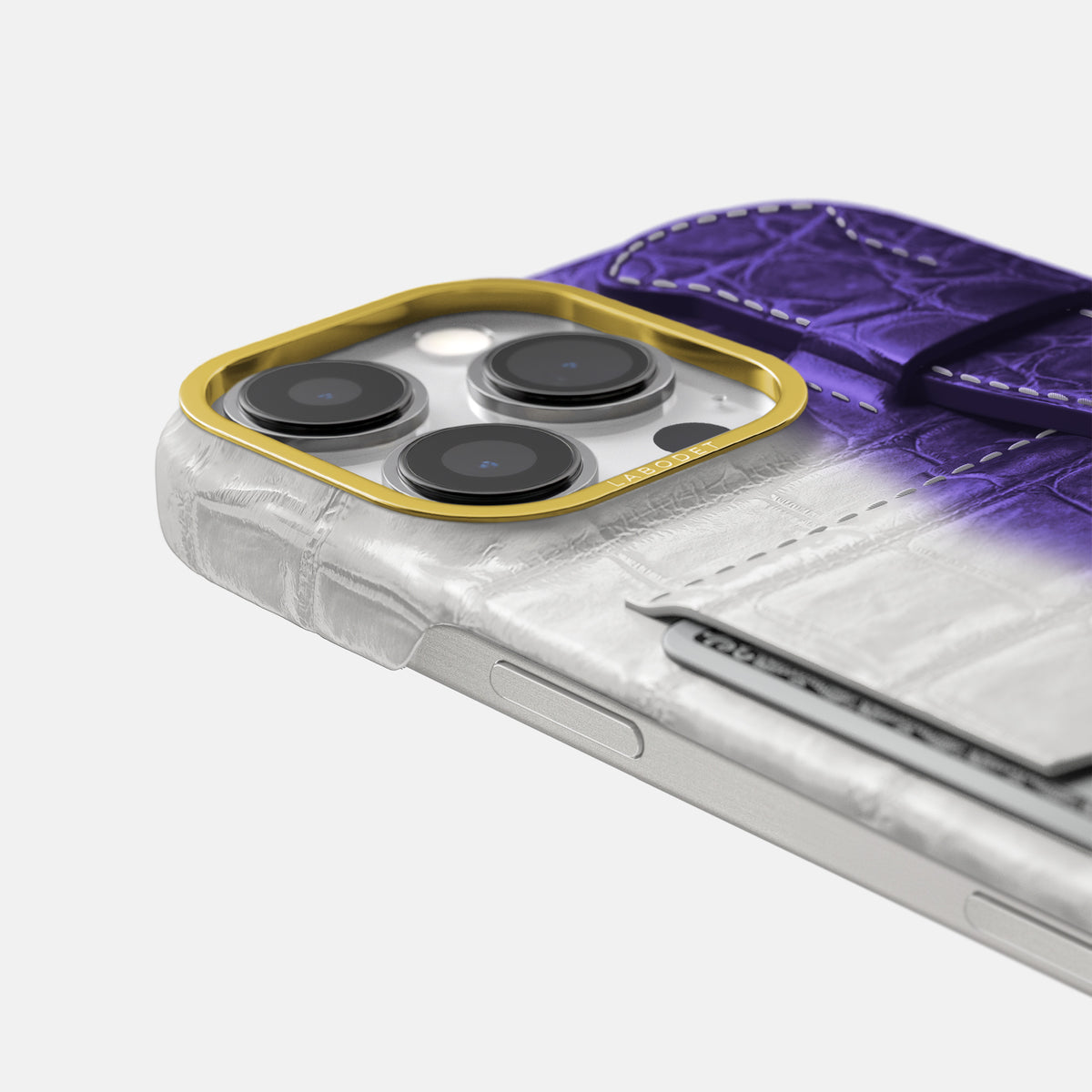 Purple iPhone 16 Pro Max Cardholder Strap Himalayan Crocodile with Gold Metal -5 | Purple-Gold