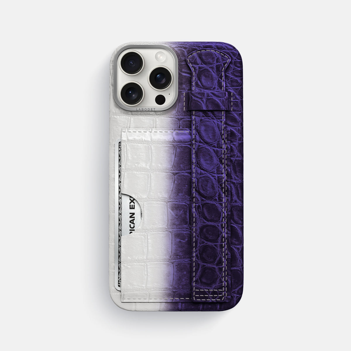 Purple iPhone 16 Pro Max Cardholder Strap Himalayan Crocodile with Steel Metal -1 | Purple-Steel