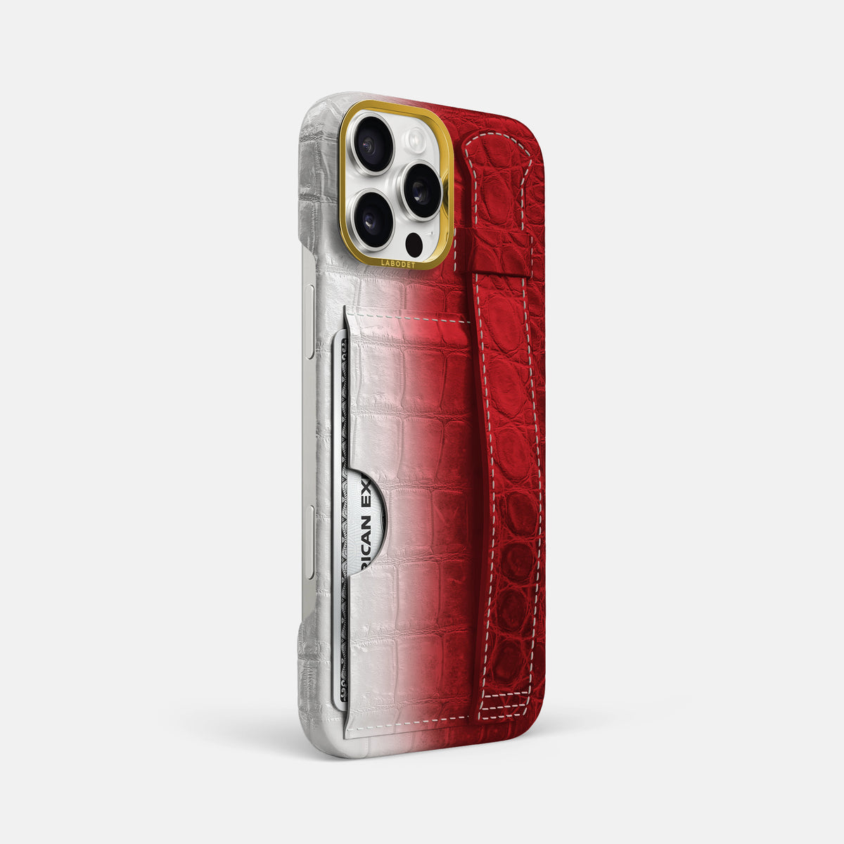 Red iPhone 16 Pro Max Cardholder Strap Himalayan Crocodile with Gold Metal -2 | Red-Gold