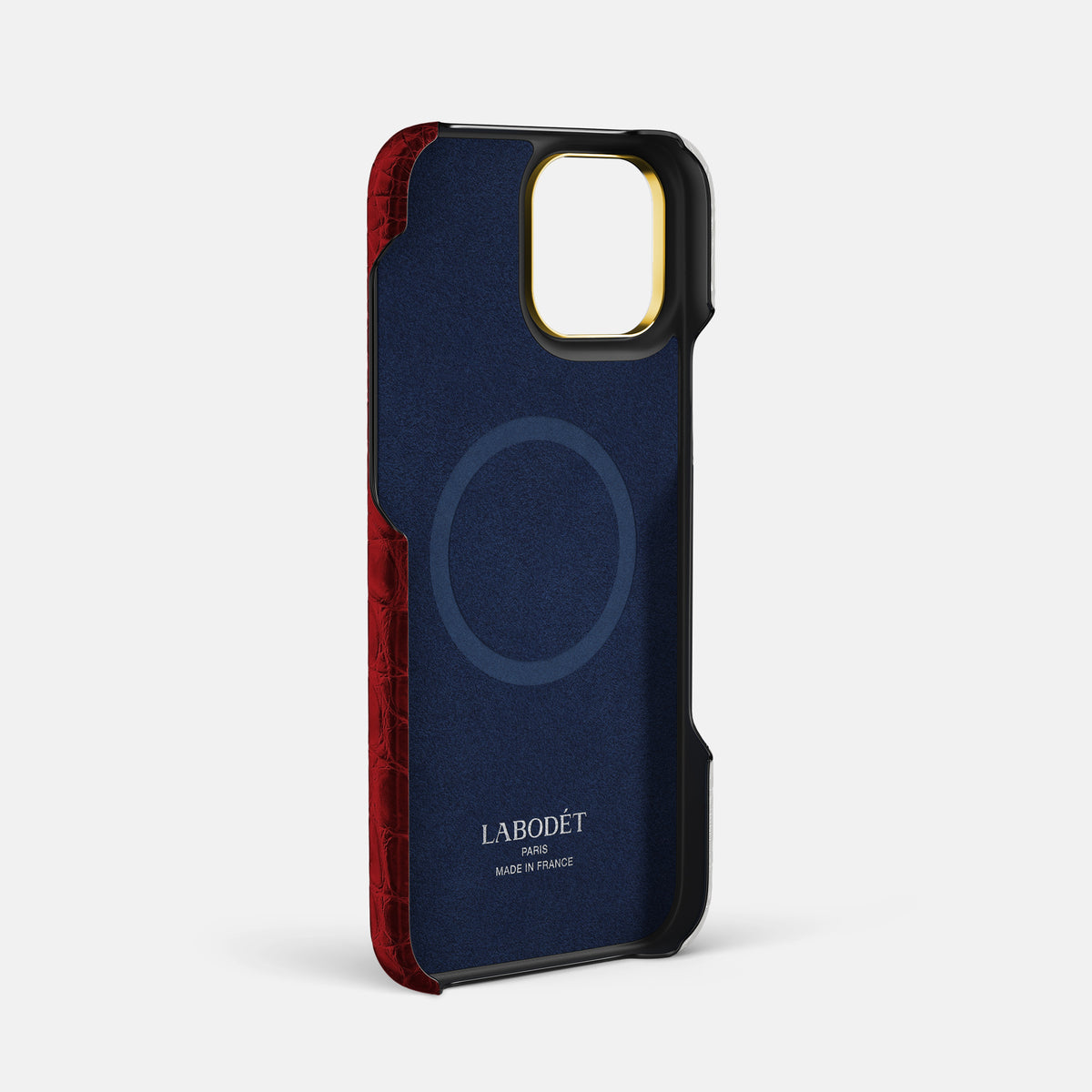 Red iPhone 16 Pro Max Cardholder Strap Himalayan Crocodile with Gold Metal -4 | Red-Gold