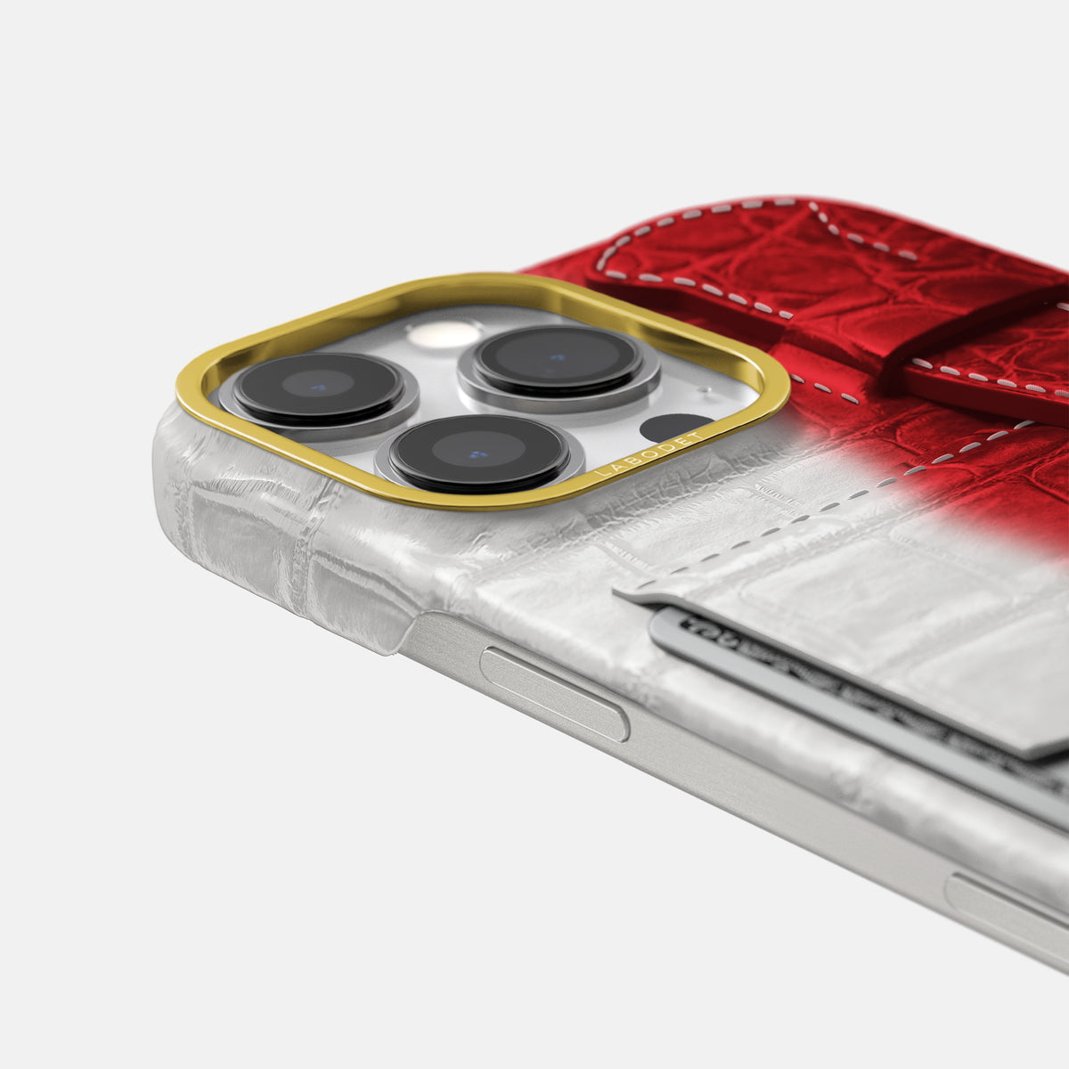 Red iPhone 16 Pro Max Cardholder Strap Himalayan Crocodile with Gold Metal -5 | Red-Gold