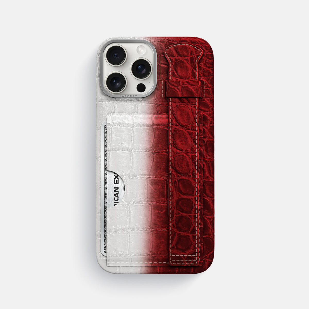 Red iPhone 16 Pro Max Cardholder Strap Himalayan Crocodile with Steel Metal -1 | Red-Steel