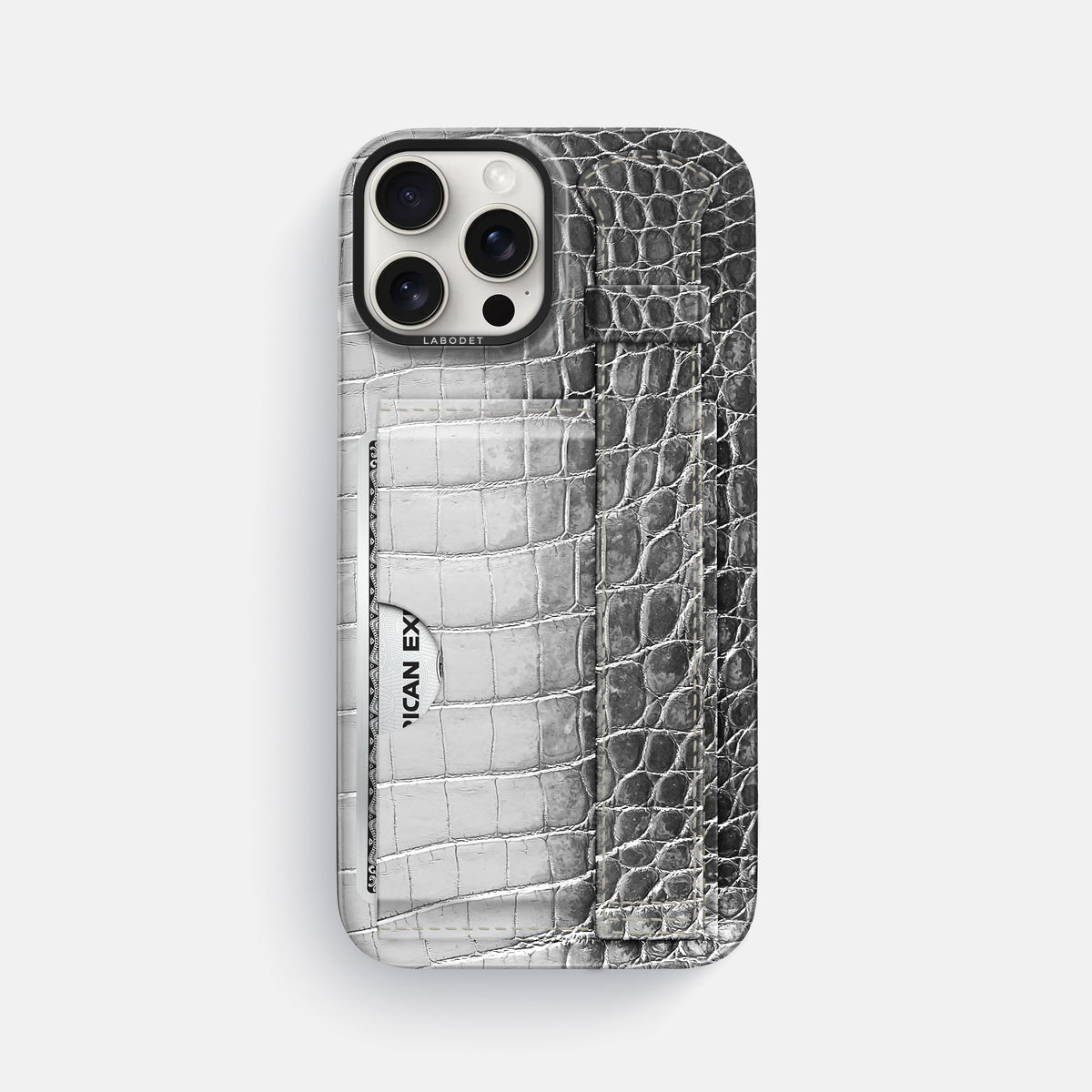 Silver iPhone 16 Pro Max Cardholder Strap Himalayan Crocodile with Black Metal -1 | Silver-Black