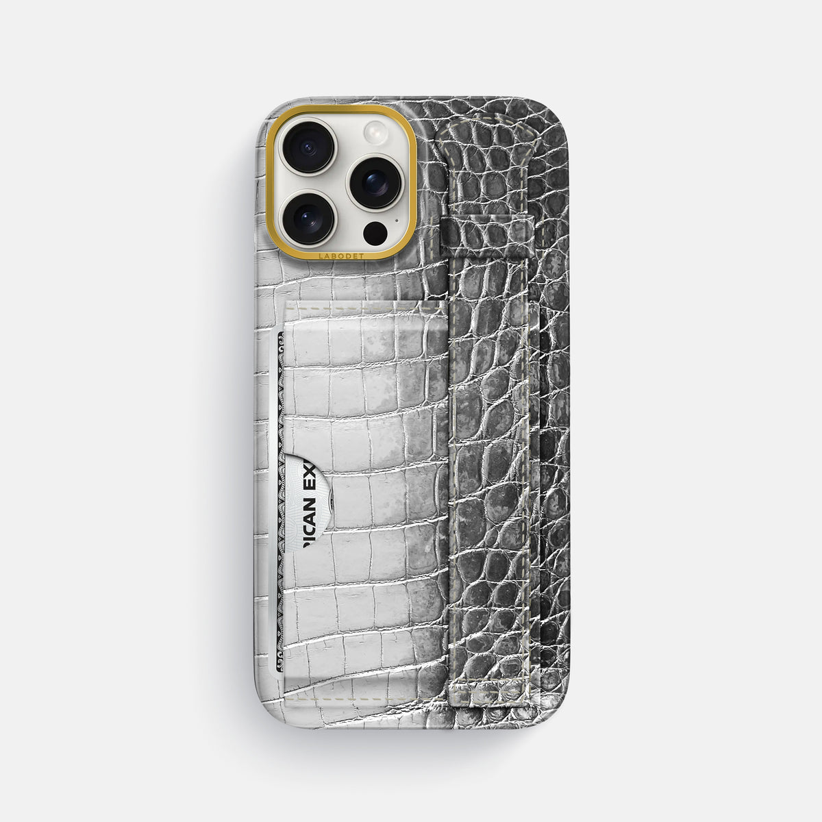 Silver iPhone 16 Pro Max Cardholder Strap Himalayan Crocodile with Gold Metal -1 | Silver-Gold