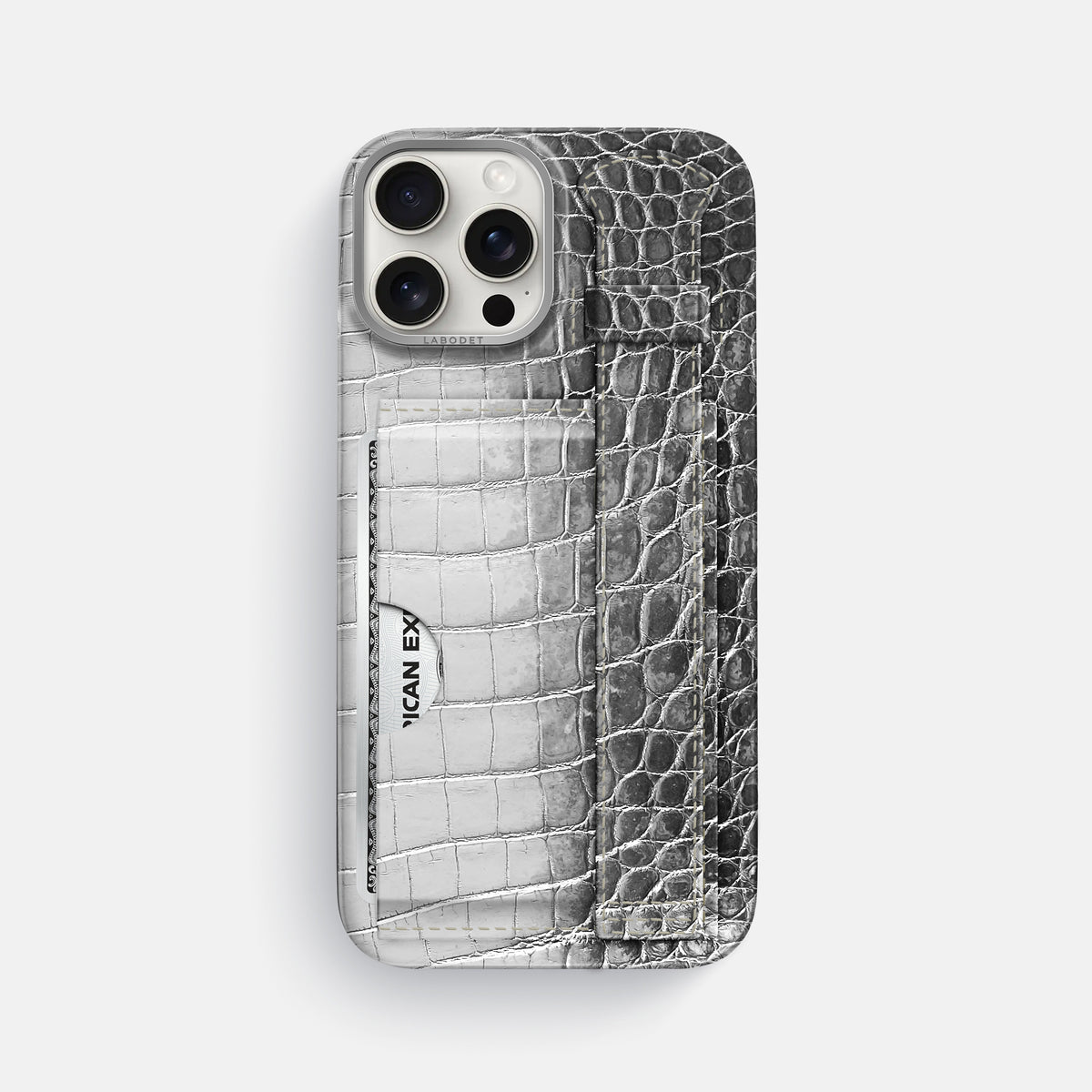 Silver iPhone 16 Pro Max Cardholder Strap Himalayan Crocodile with Steel Metal -1 | Silver-Steel